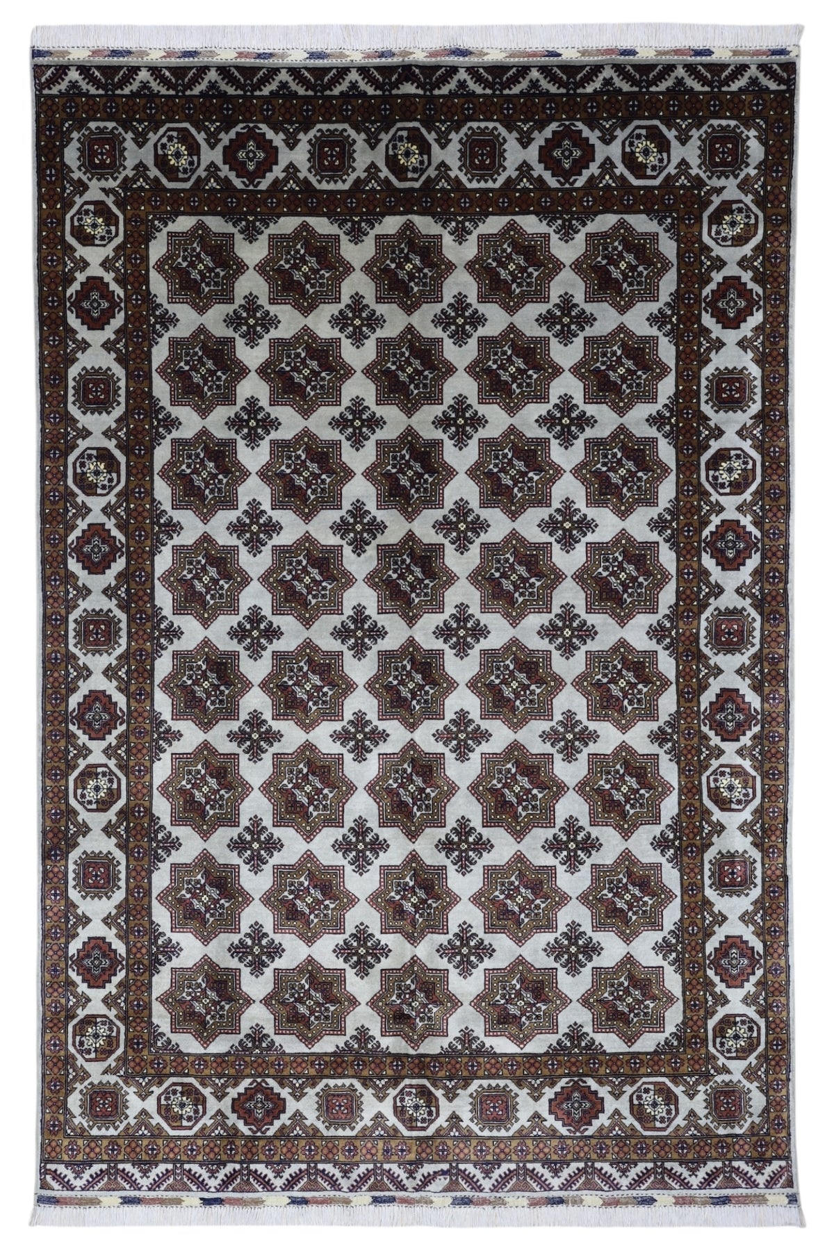 Afghan Rug 7x10, Ivory, Brown & Gray, Hand-Knotted Wool