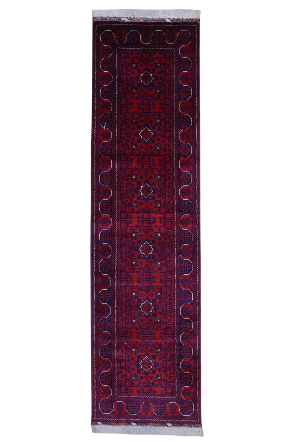 Afghan Bukhara Runner 2'9" x 9'9", Hand-Knotted Wool, Red