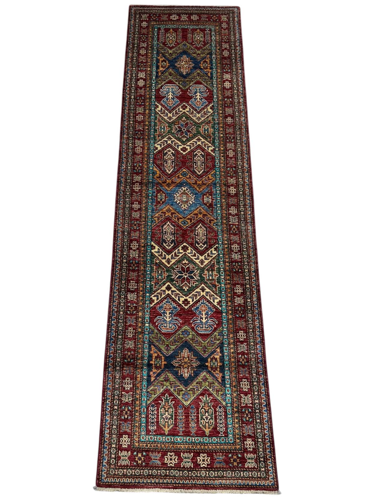 Afghan Kazak Runner 2'6" x 9'8", Hand-Knotted Wool, Blue & Camel, view 2