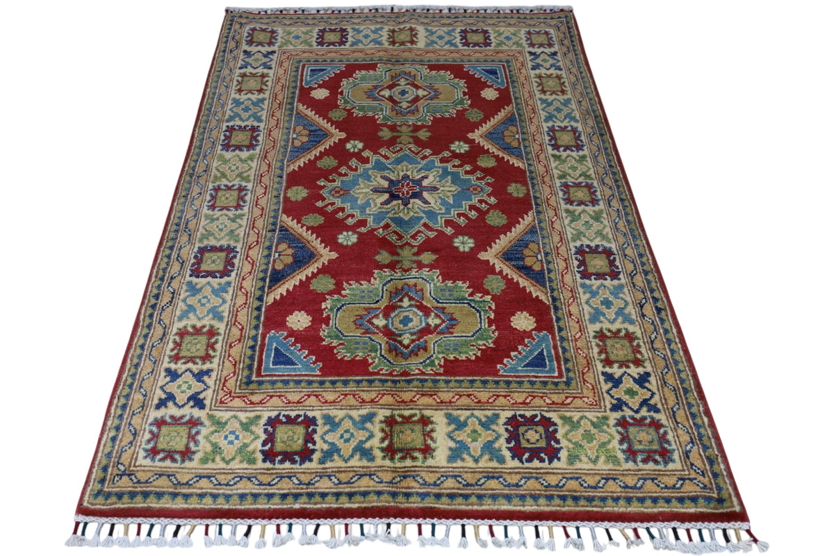 Afghan Kazak Rug 3'3" x 4'10", Hand-Knotted Wool, Red, view 2