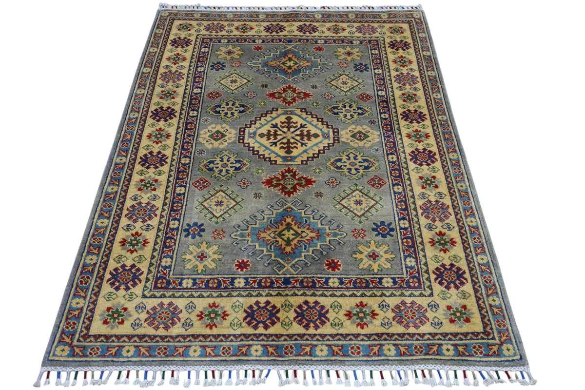 Afghan Kazak Rug 3'11" x 5'6", Hand-Knotted Wool, Beige, view 2
