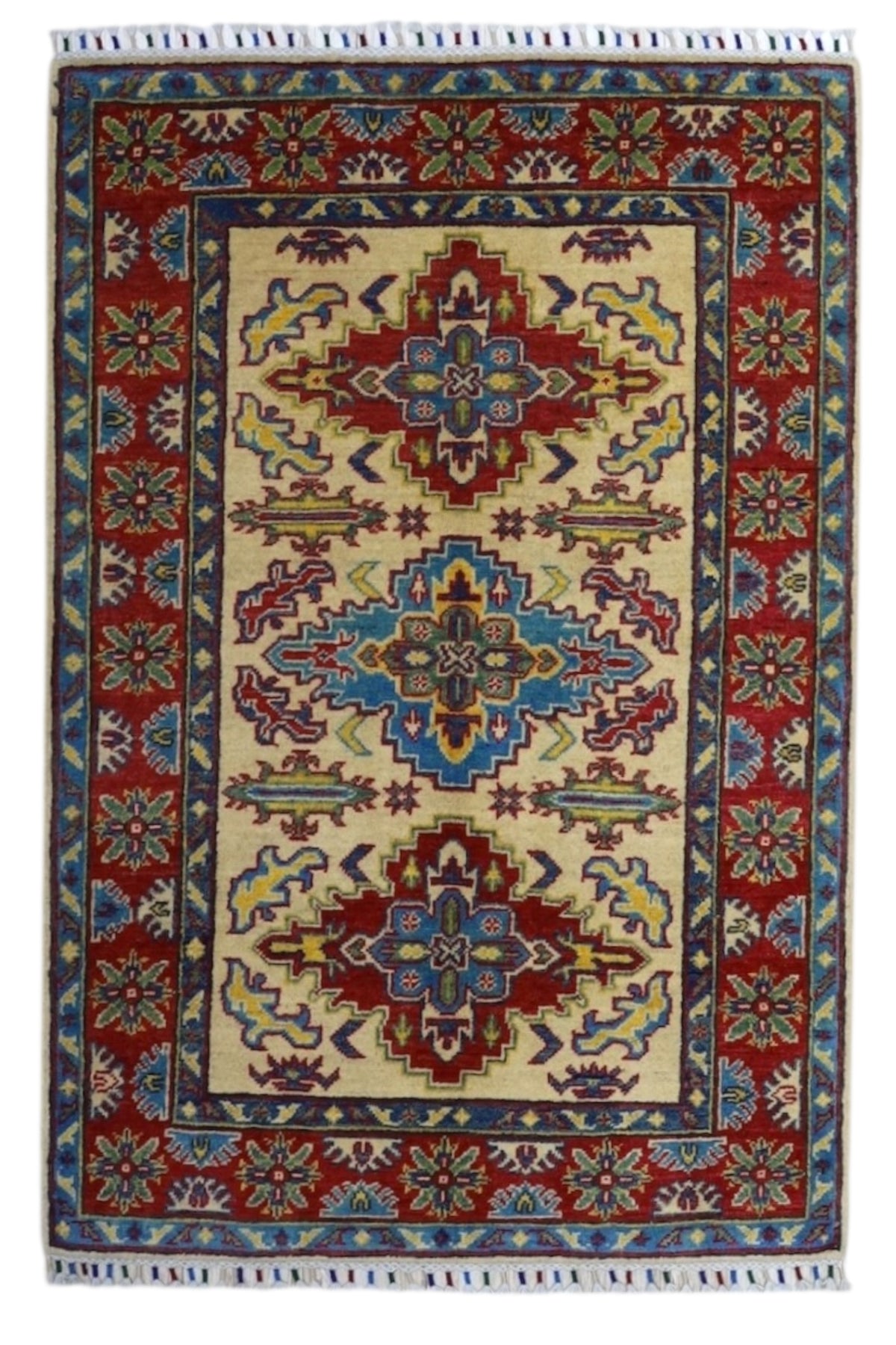 Afghan Kazak Rug 3'4" x 4'9", Hand-Knotted Wool, Cream & Red