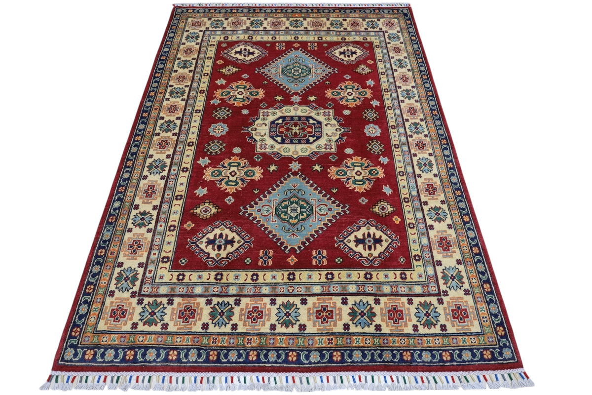 Afghan Kazak Rug 4'10" x 6'6", Hand-Knotted Wool, Red, view 2