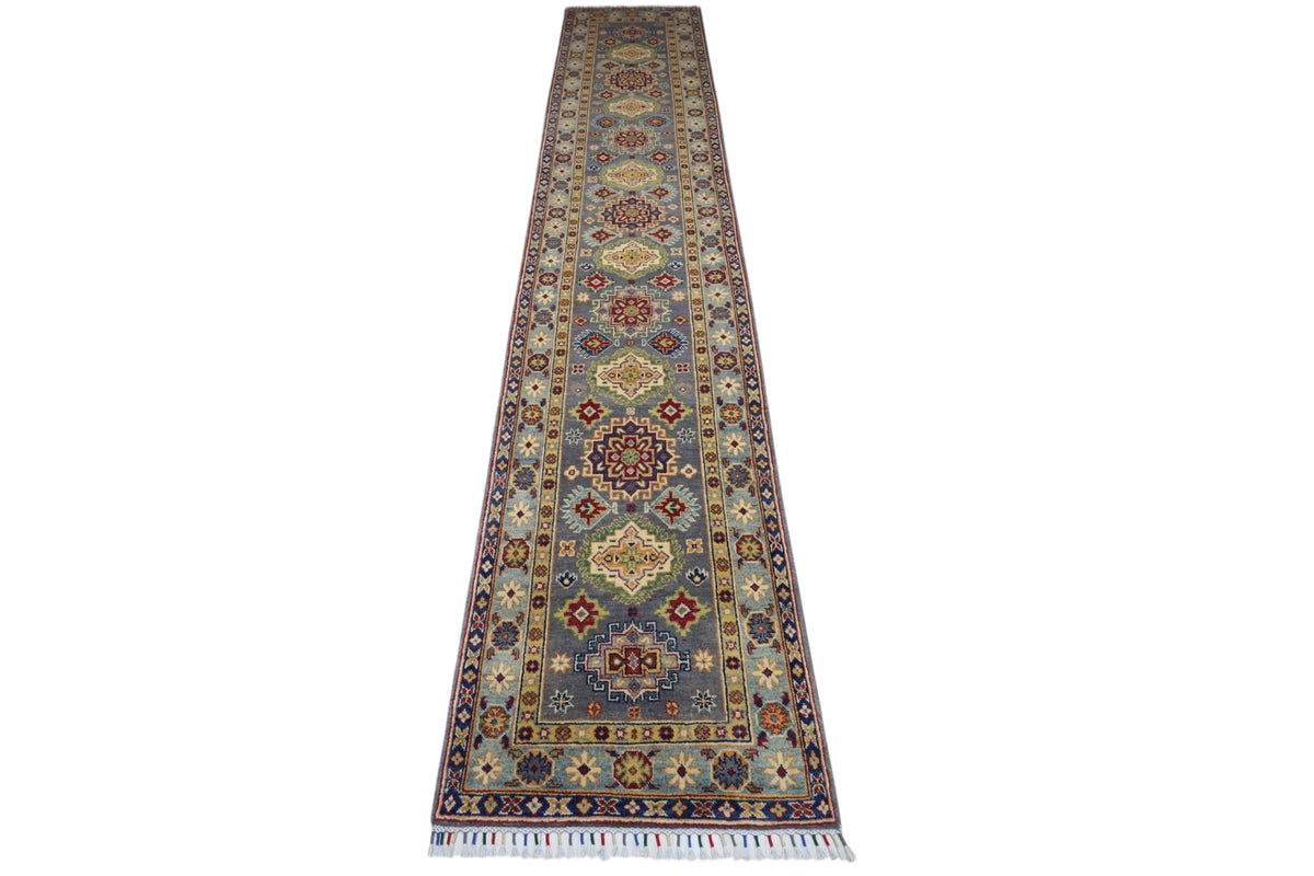 Afghan Kazak Runner 2'7" x 12'11", Hand-Knotted Wool, Gray, view 2