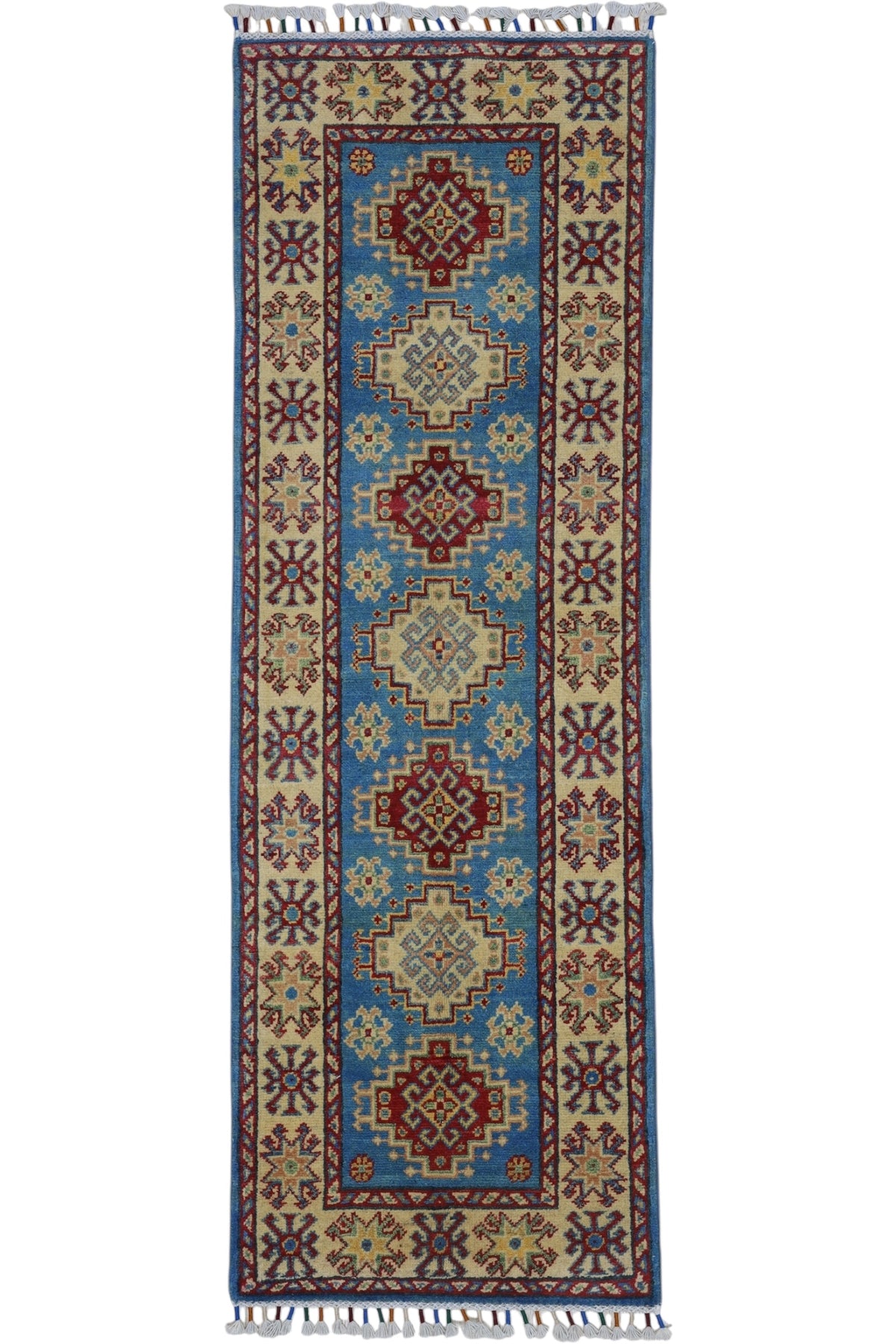 Afghan Kazak Runner 2' x 5'10", Hand-Knotted Wool, Blue