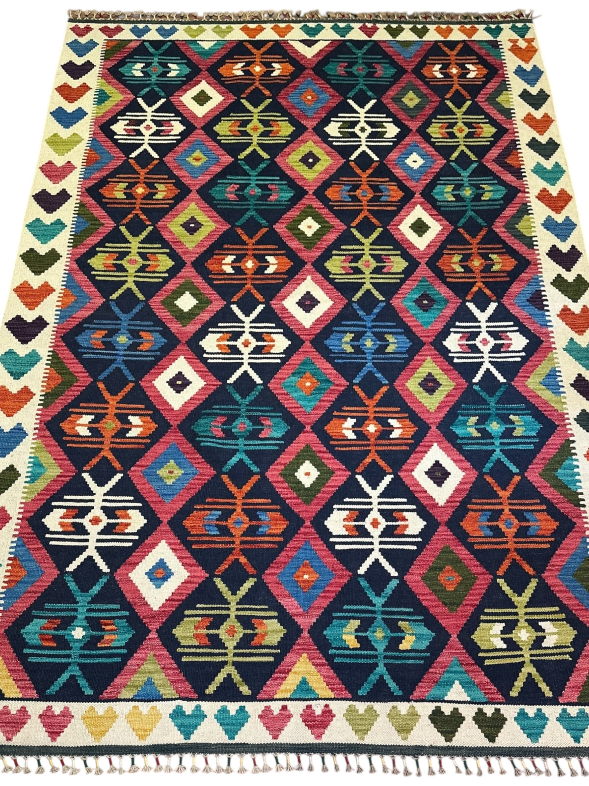 Afghan Kilim Rug 6x8, Navy, Pink & Ivory, Diamond Lattice Wool Flatweave