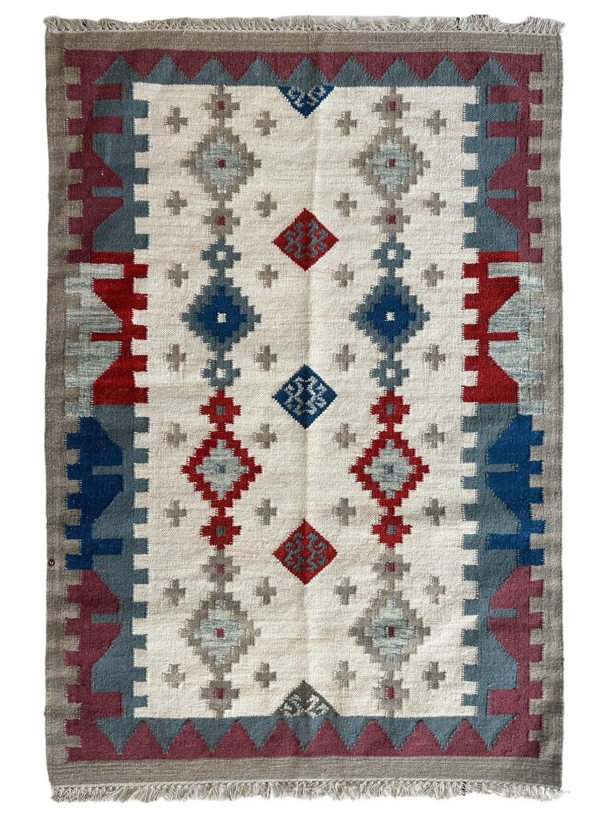 Indo-Turkish Kilim 4' x 6', Hand-Woven, Cream