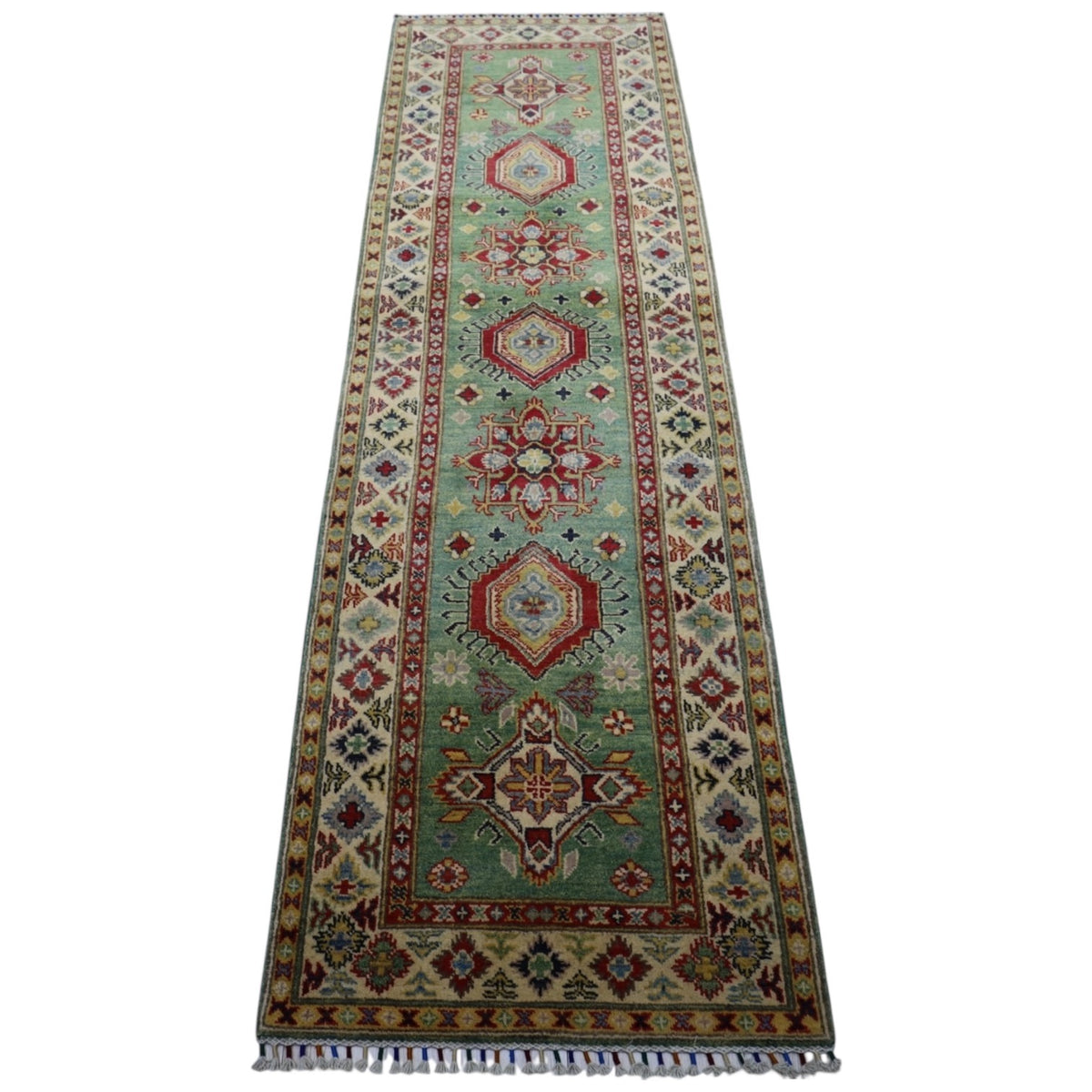 Afghan Kazak Runner 2'9" x 9'2", Hand-Knotted Wool, Red, view 2