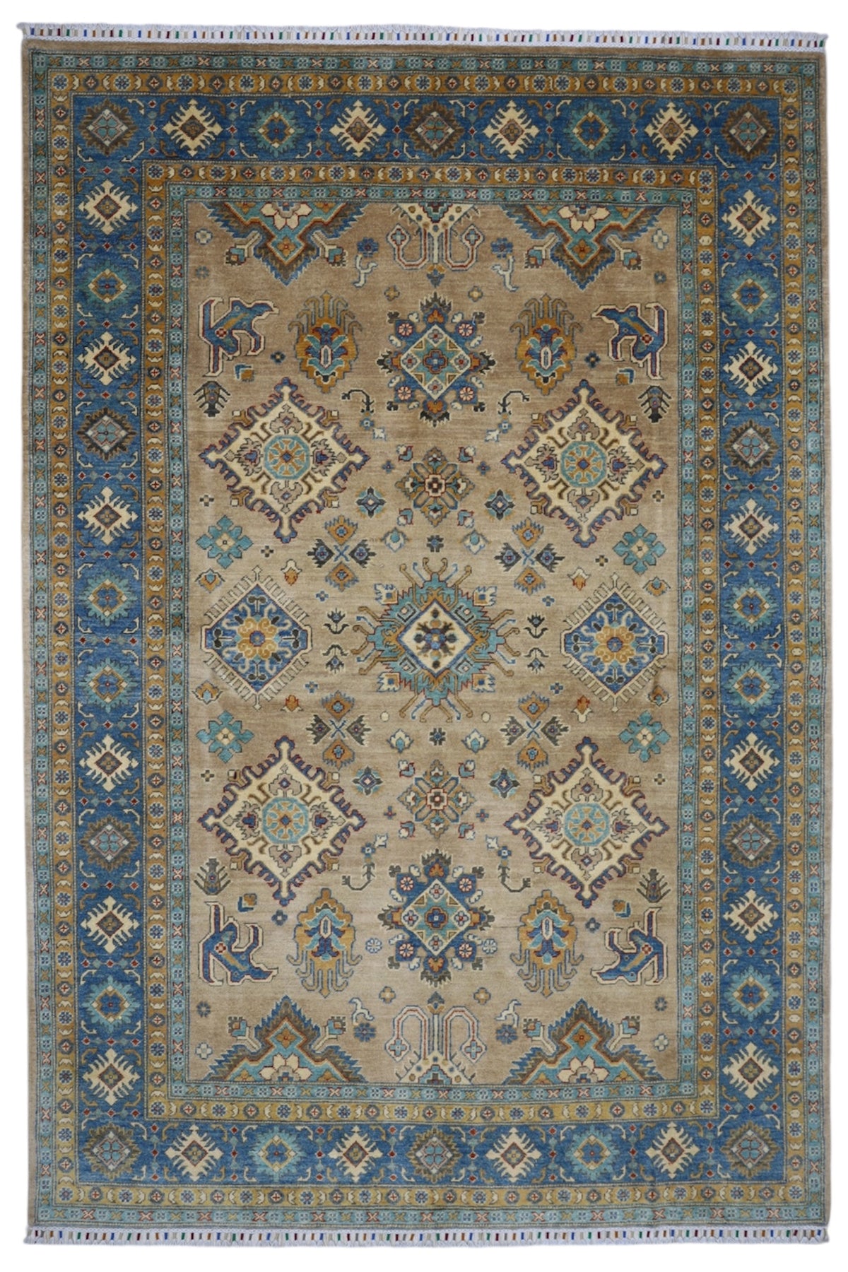 Afghan Kazak Rug 6'7" x 9'8", Hand-Knotted Wool, Blue & Cream