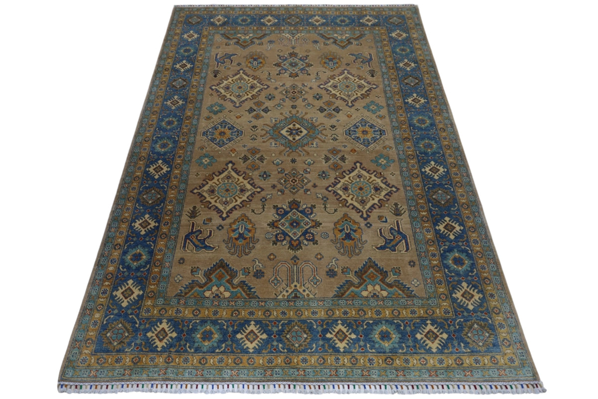 Afghan Kazak Rug 6'7" x 9'8", Hand-Knotted Wool, Blue & Cream, view 2