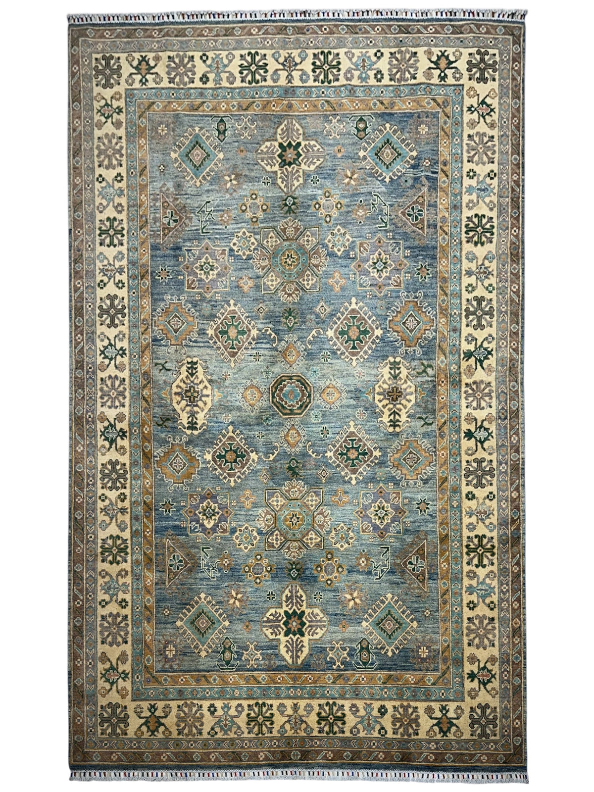 Afghan Kazak Rug 6x10, Light Blue, Ivory & Beige, Hand-Knotted Wool