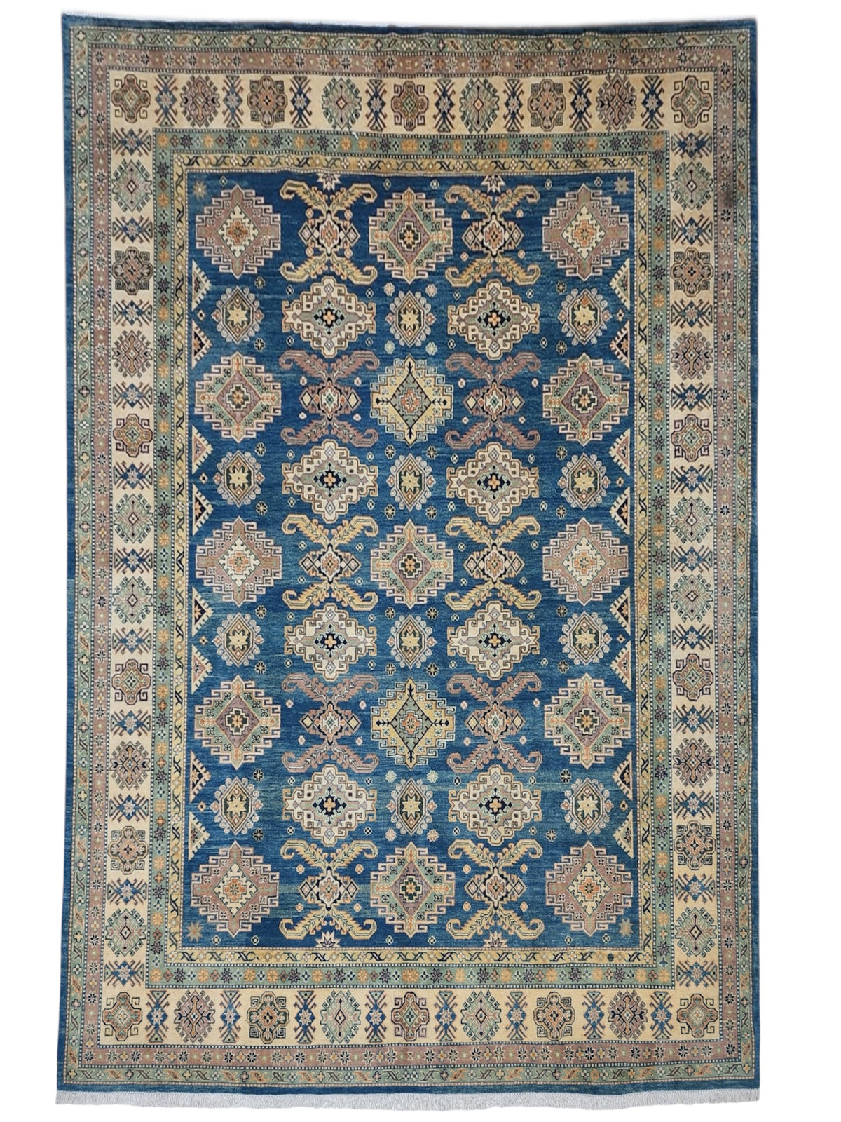 Afghan Kazak Rug 9x12, Blue, Ivory & Beige, Hand-Knotted Wool
