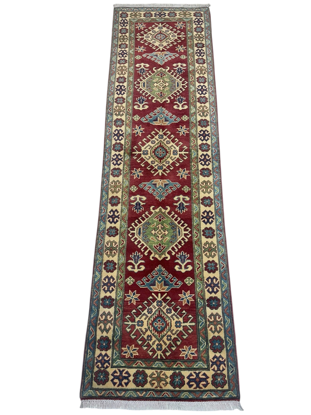 Afghan Kazak Runner 2'8" x 9'7", Hand-Knotted Wool, Blue, Cream & Red, view 2