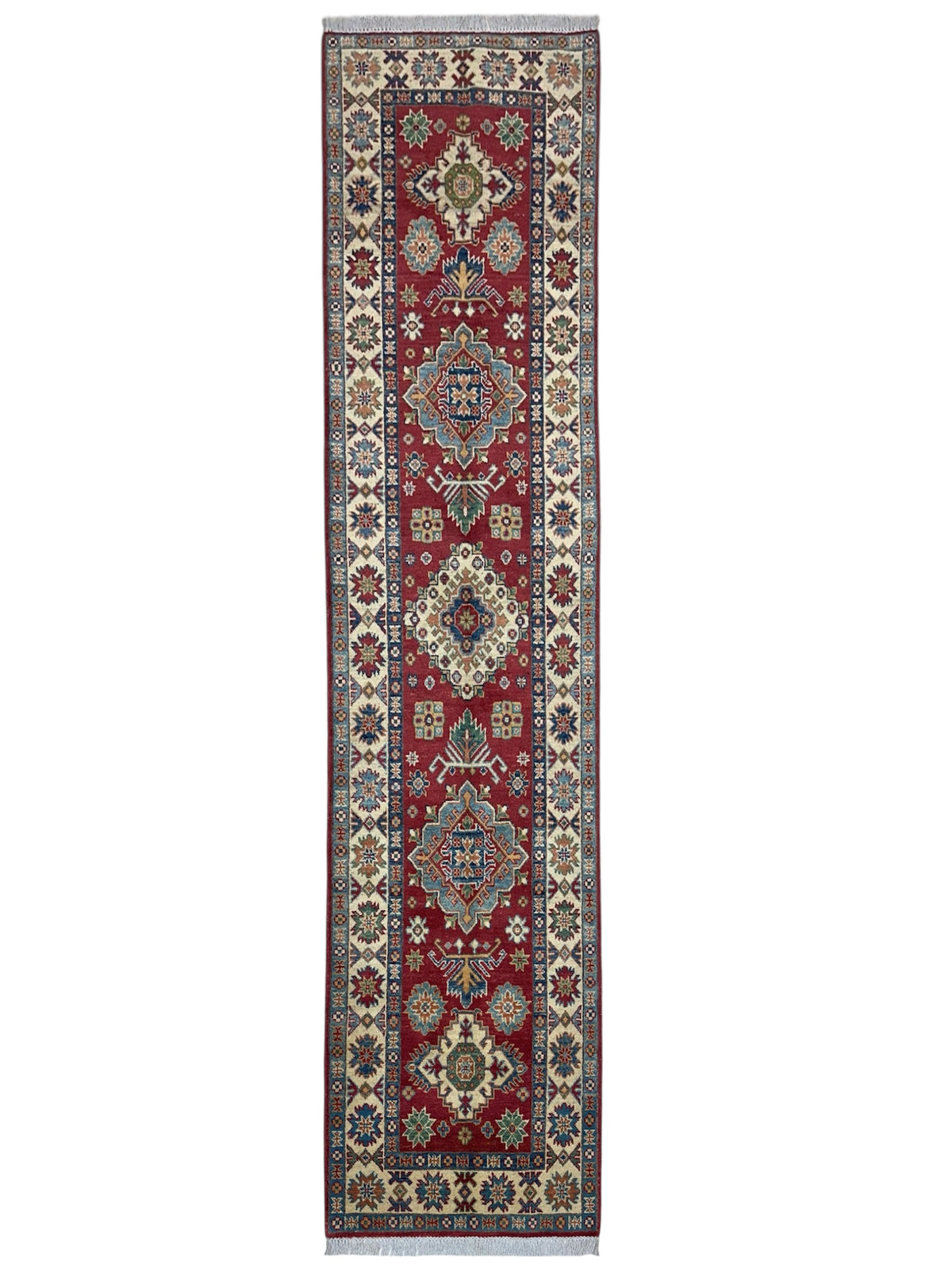 Afghan Kazak Runner 2'8" x 9'11", Hand-Knotted Wool, Blue, Cream & Red