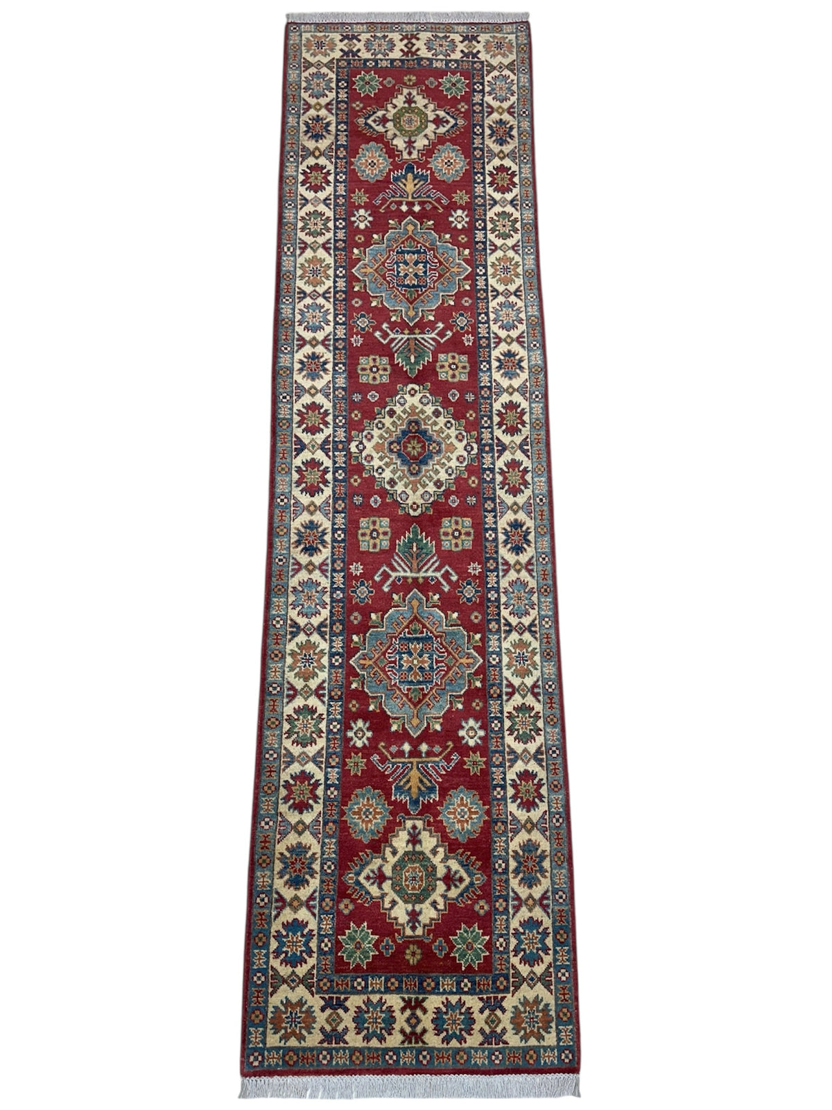 Afghan Kazak Runner 2'8" x 9'11", Hand-Knotted Wool, Blue, Cream & Red, view 2