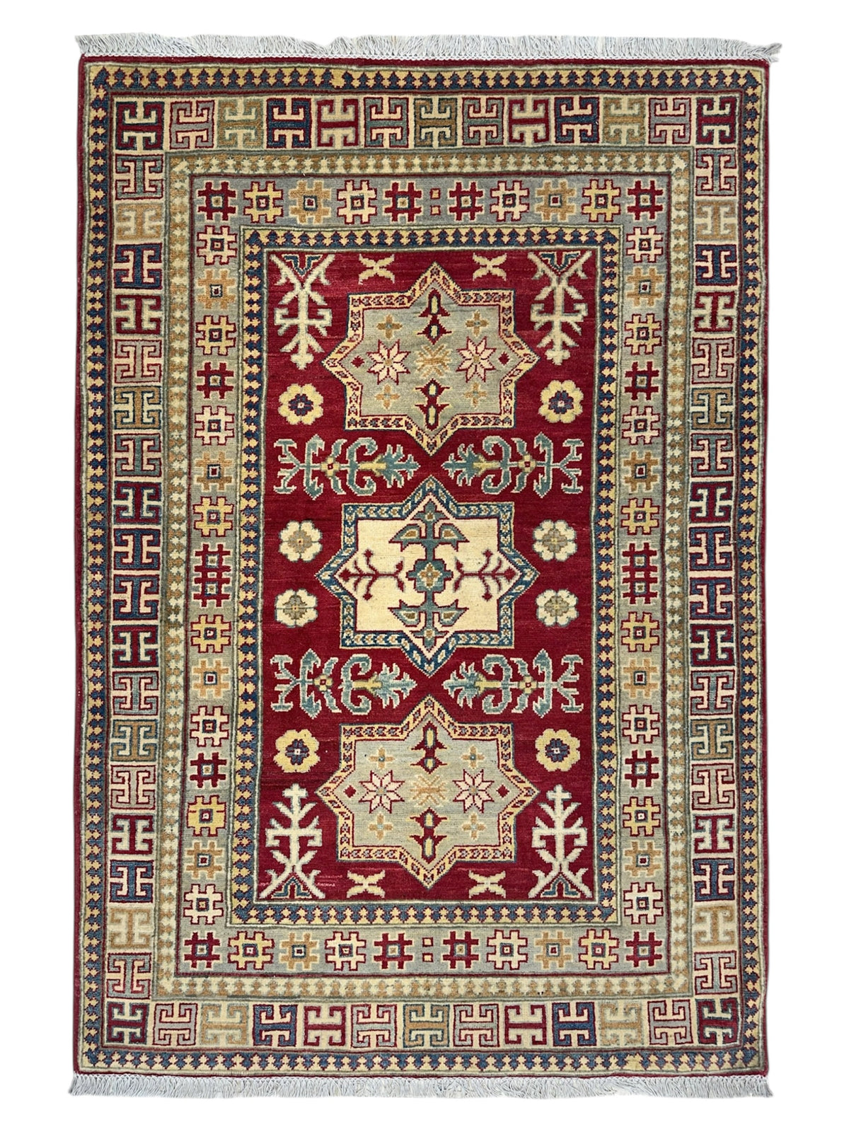 Afghan Kazak Rug 4'1" x 6'1", Hand-Knotted Wool, Beige & Red