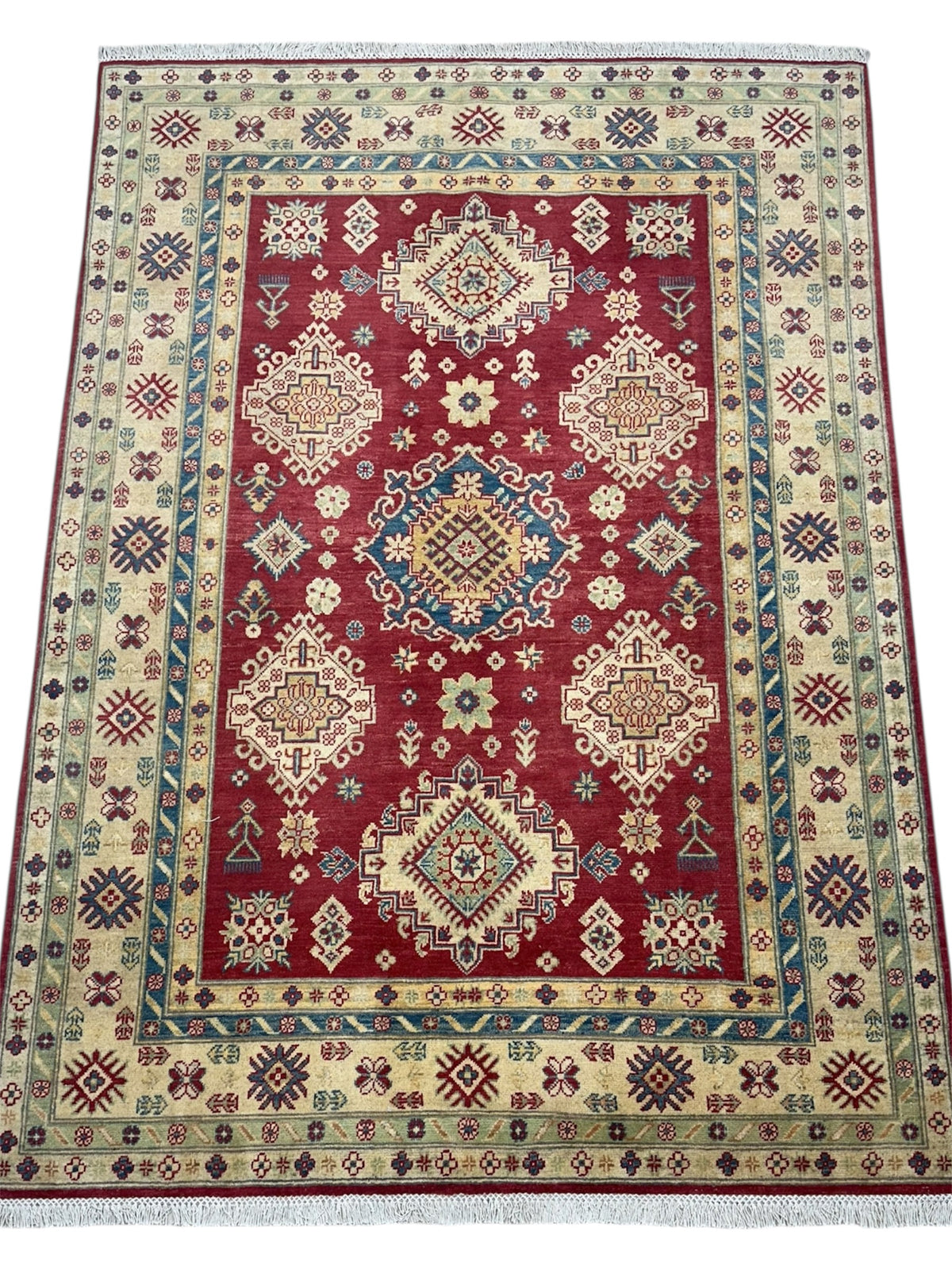 Afghan Kazak Rug 5'8" x 7'11", Hand-Knotted Wool, Cream & Red, view 2