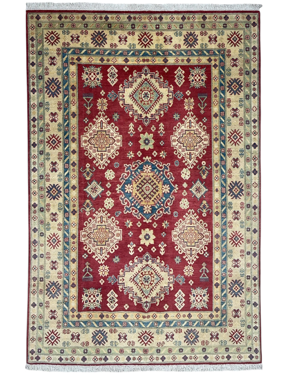Afghan Kazak Rug 5'8" x 7'11", Hand-Knotted Wool, Cream & Red