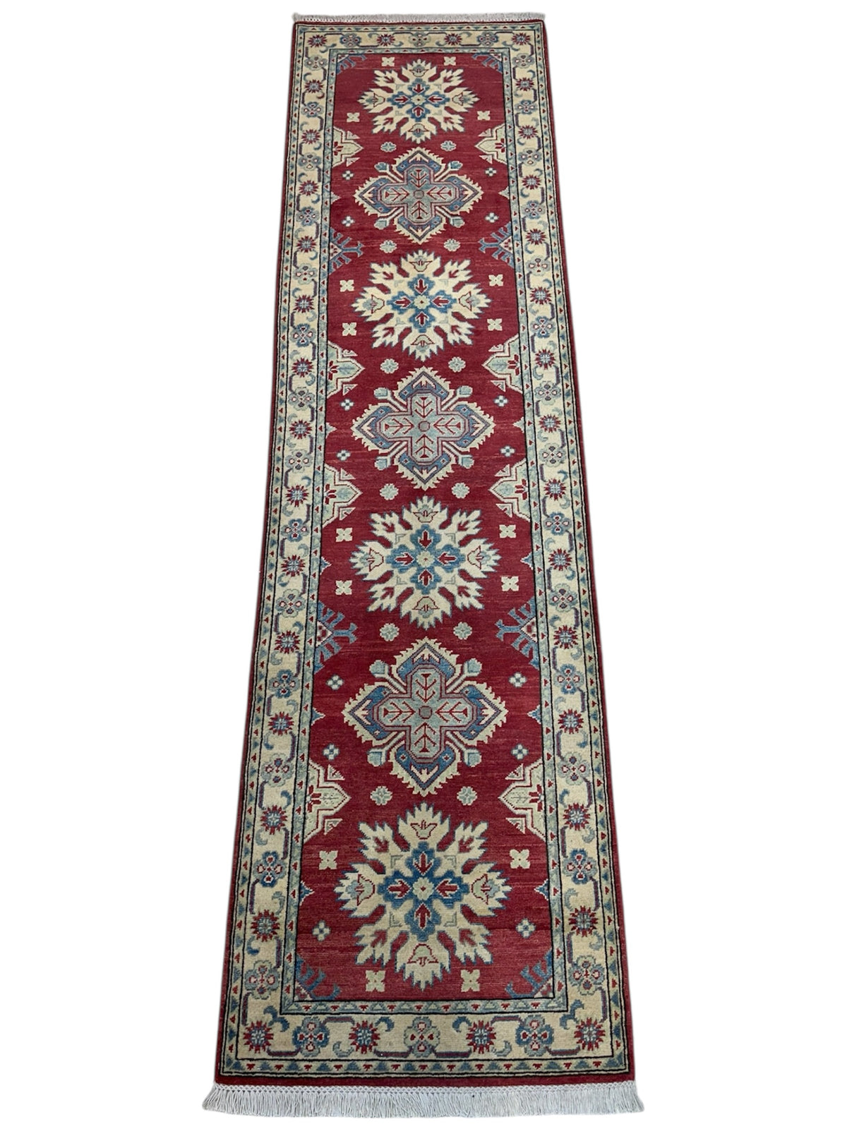 Afghan Kazak Runner 2'8" x 10', Hand-Knotted Wool, Cream & Red, view 2