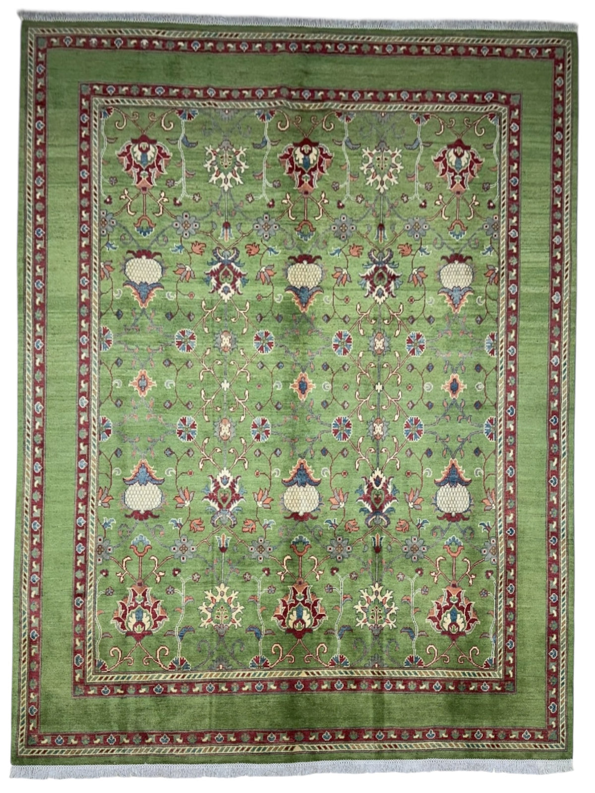 Afghan Kazak Rug 8x10, Green, Red & Ivory, Hand-Knotted Wool