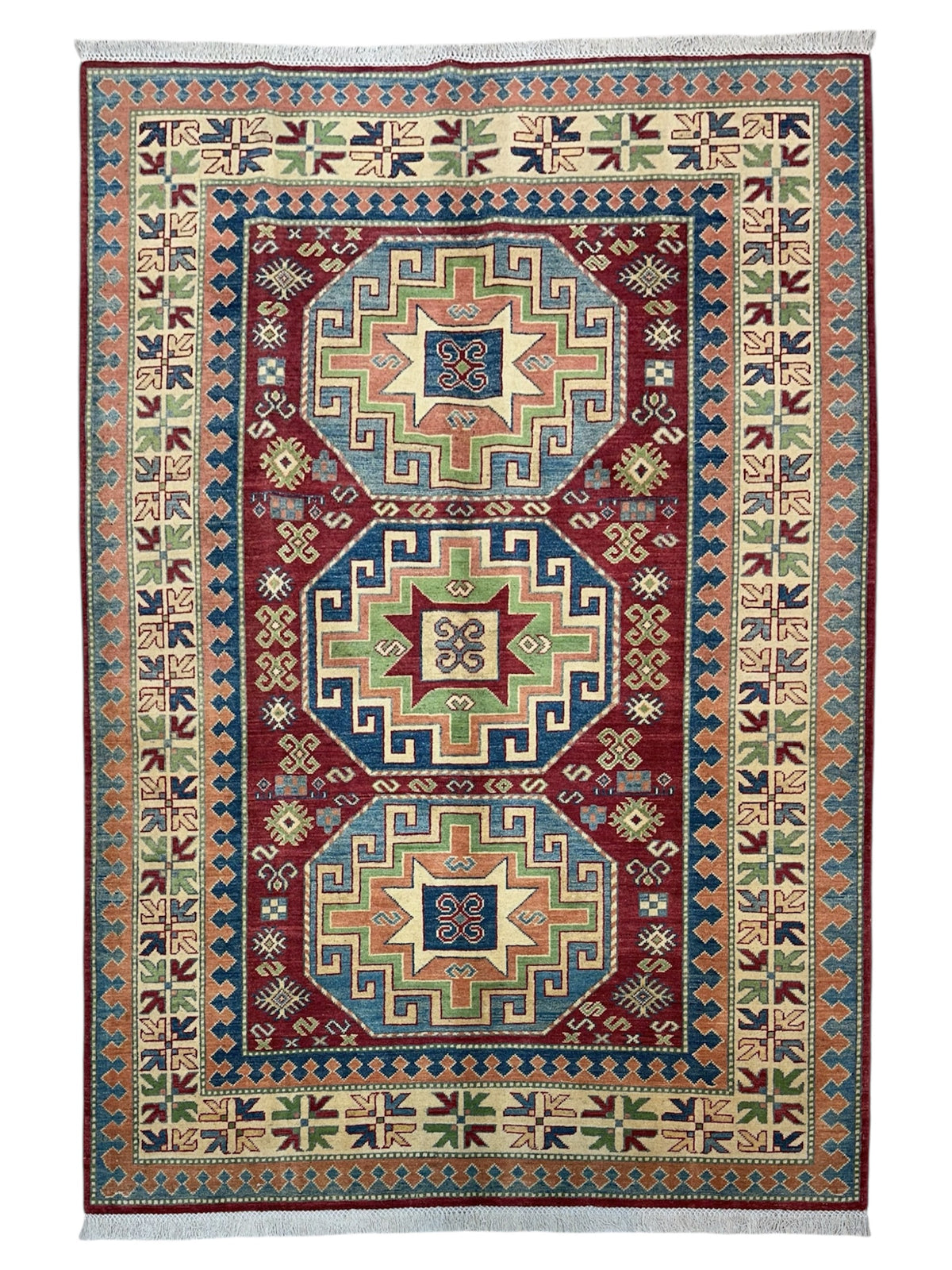 Afghan Kazak Rug 5'7" x 7'7", Hand-Knotted Wool, Blue, Cream & Red