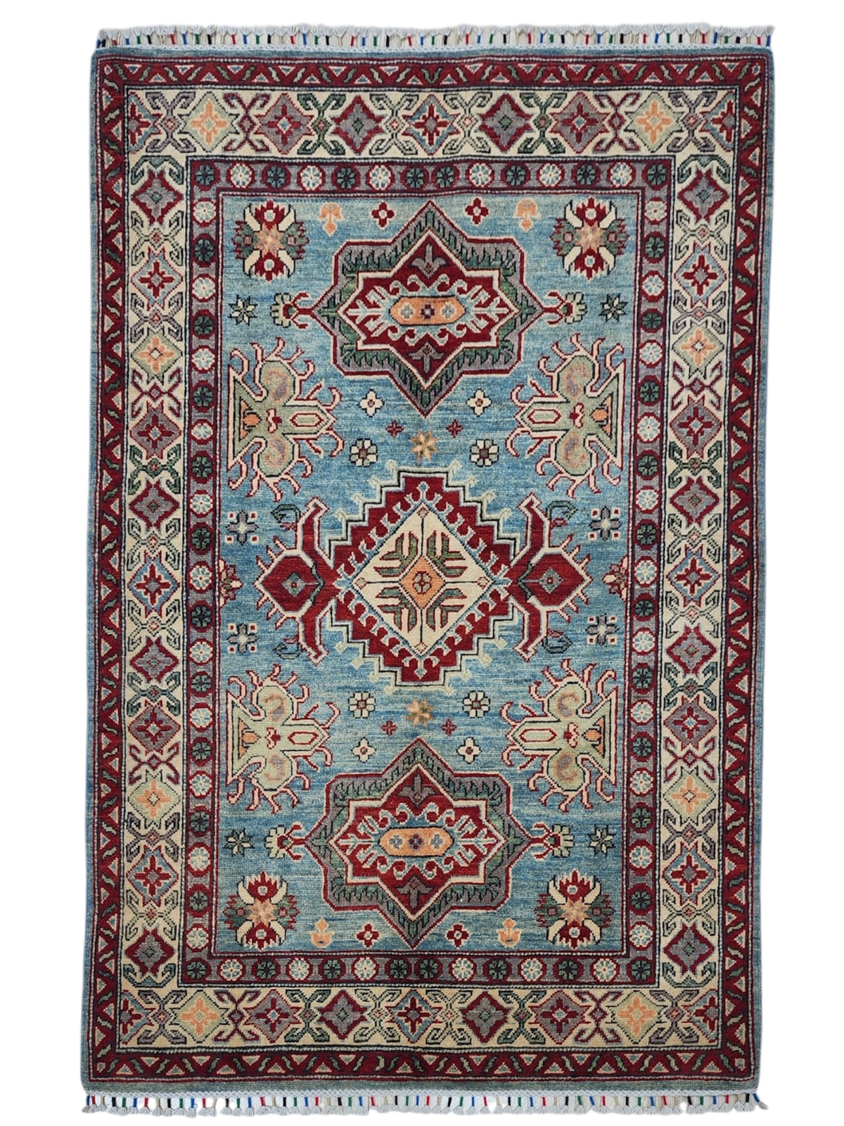 Afghan Kazak Rug 4'3" x 6', Hand-Knotted Wool, Cream, Red & Gray