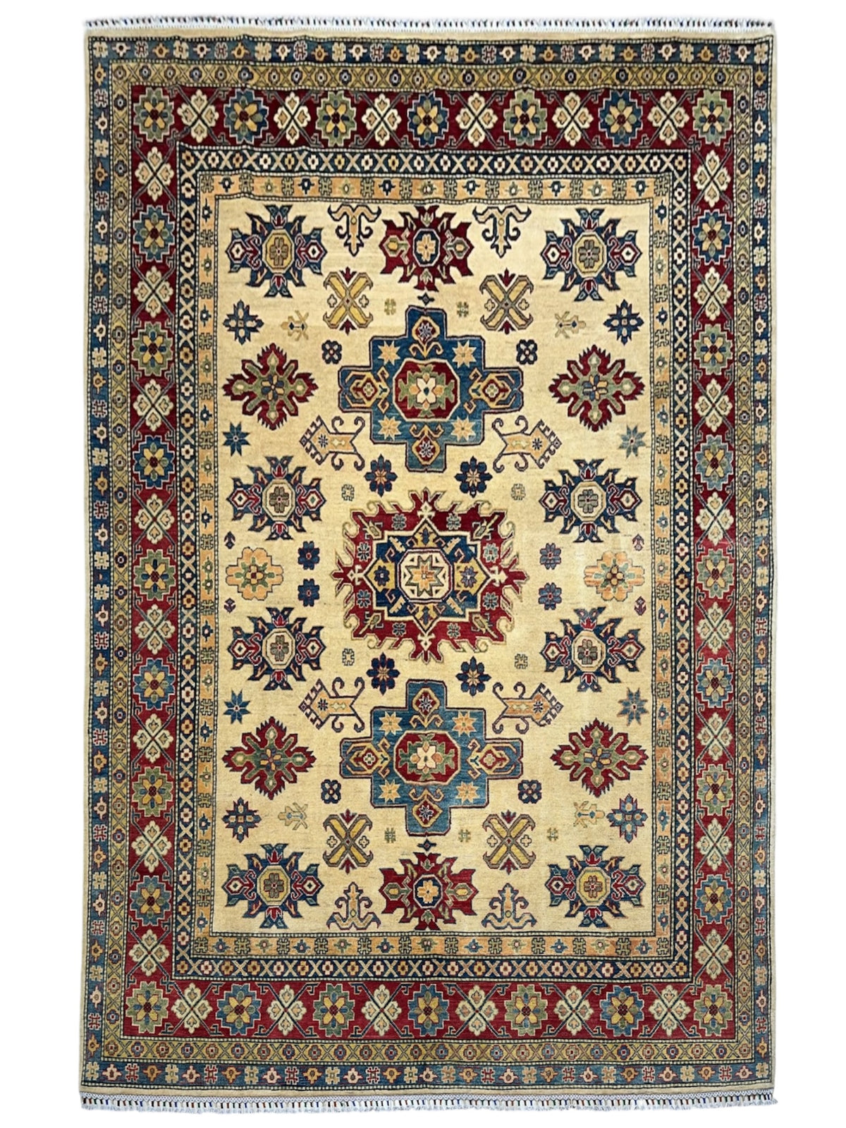 Afghan Kazak Rug 7'10" x 10'8", Hand-Knotted Wool, Cream & Red