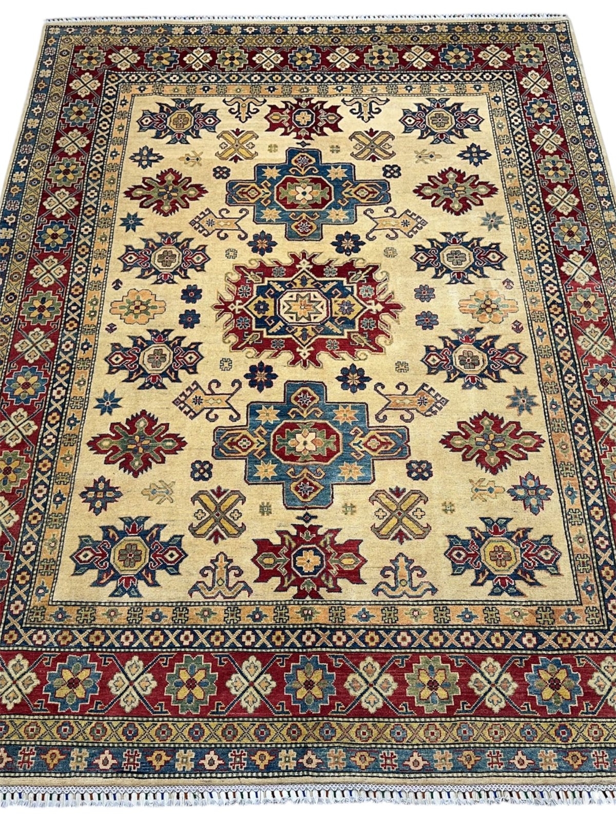 Afghan Kazak Rug 7'10" x 10'8", Hand-Knotted Wool, Cream & Red, view 2