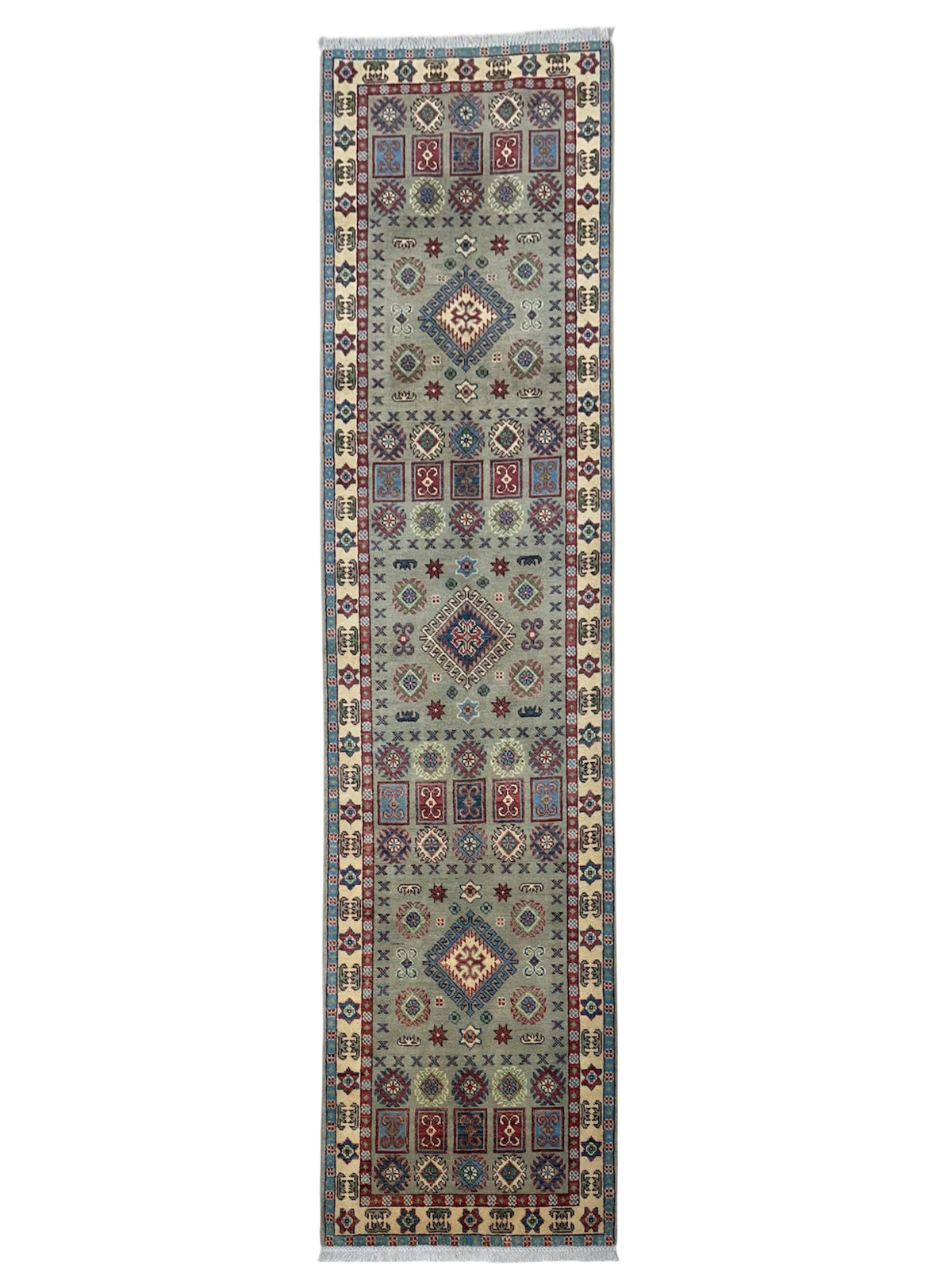 Afghan Kazak Runner 2'9" x 9'7", Hand-Knotted Wool, Gray