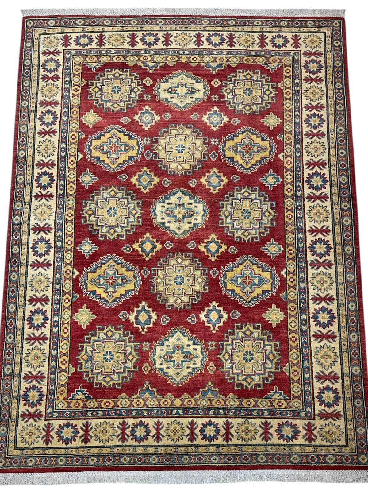 Afghan Kazak Tribal Rug 5x7, Red, Gold & Ivory, Hand-Knotted Wool, view 2