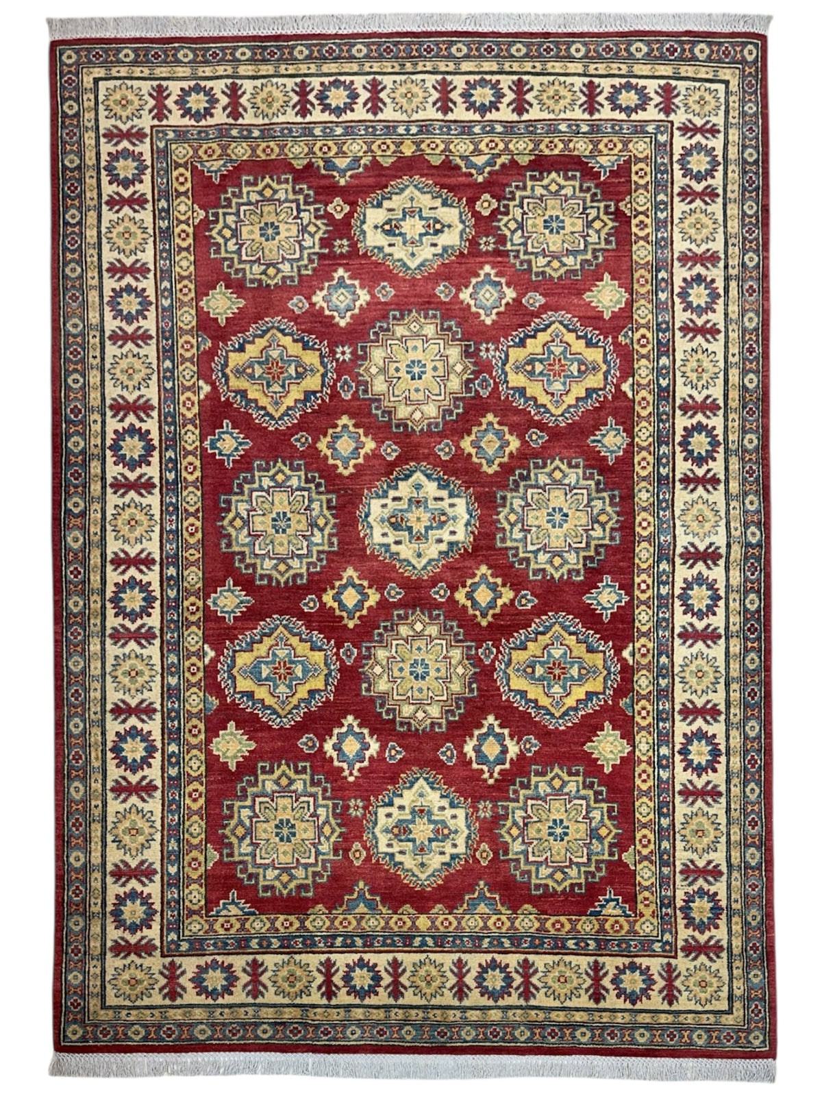 Afghan Kazak Tribal Rug 5x7, Red, Gold & Ivory, Hand-Knotted Wool