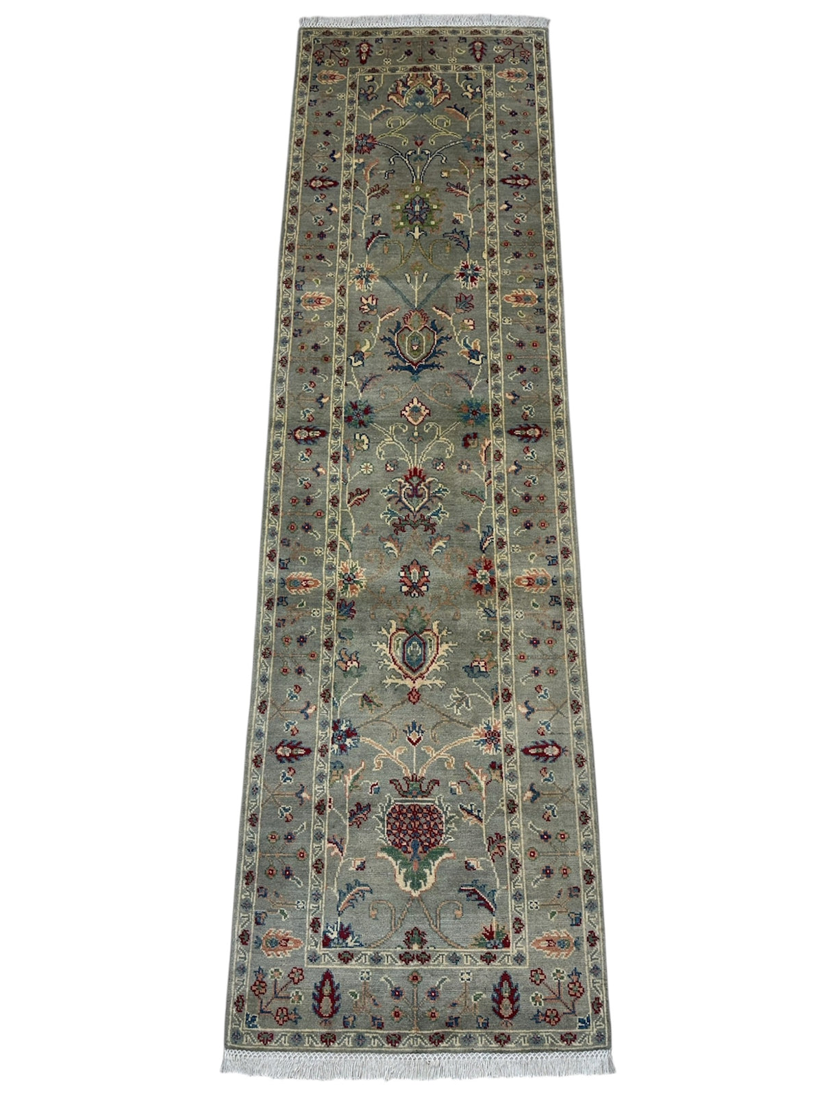 Afghan Kazak Runner 2'10" x 9'9", Hand-Knotted Wool, Cream & Gray, view 2