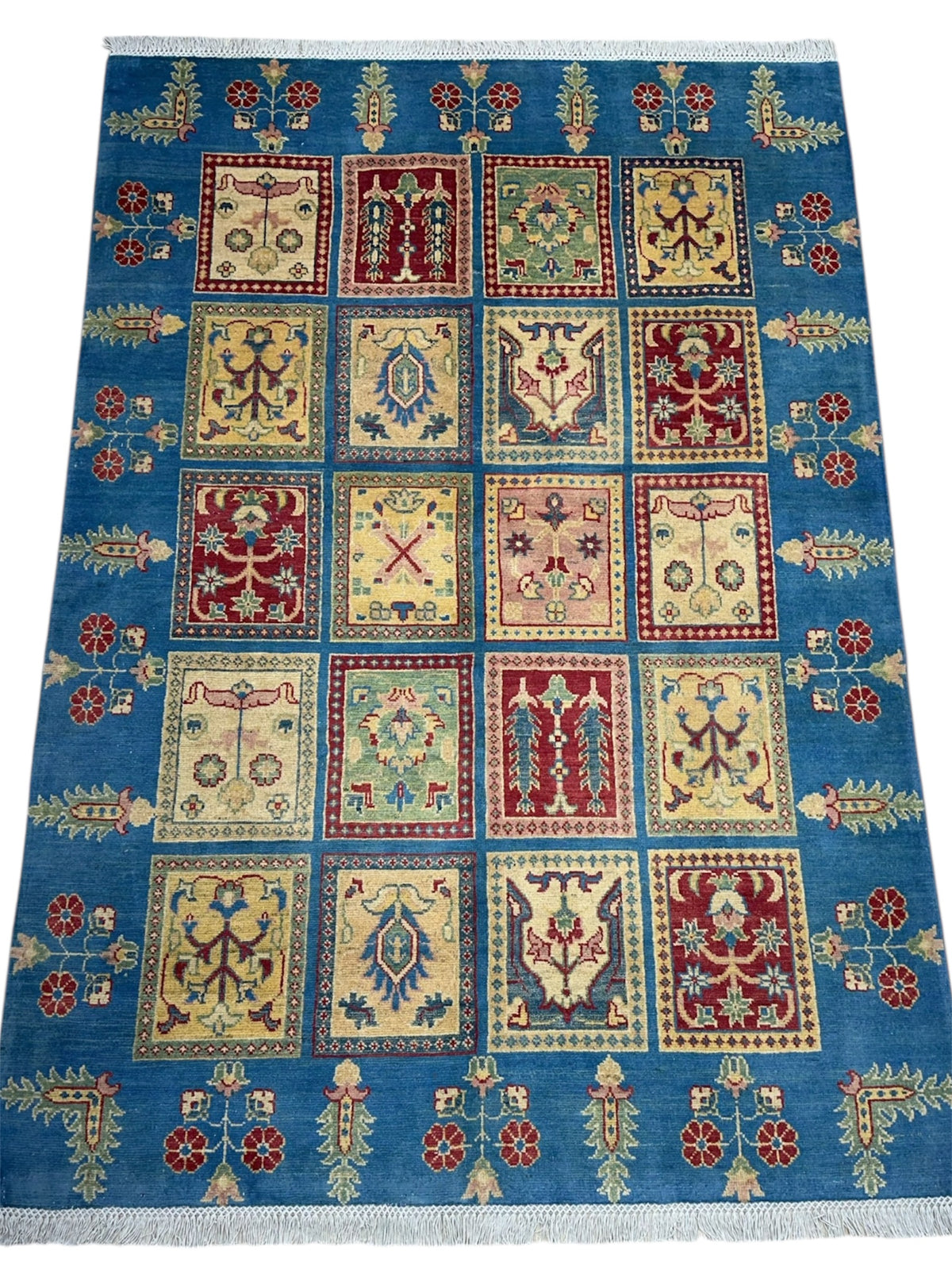 Afghan Kazak Tribal Rug 5x7, Blue, Gold, Red & Ivory, Hand-Knotted Wool, view 2