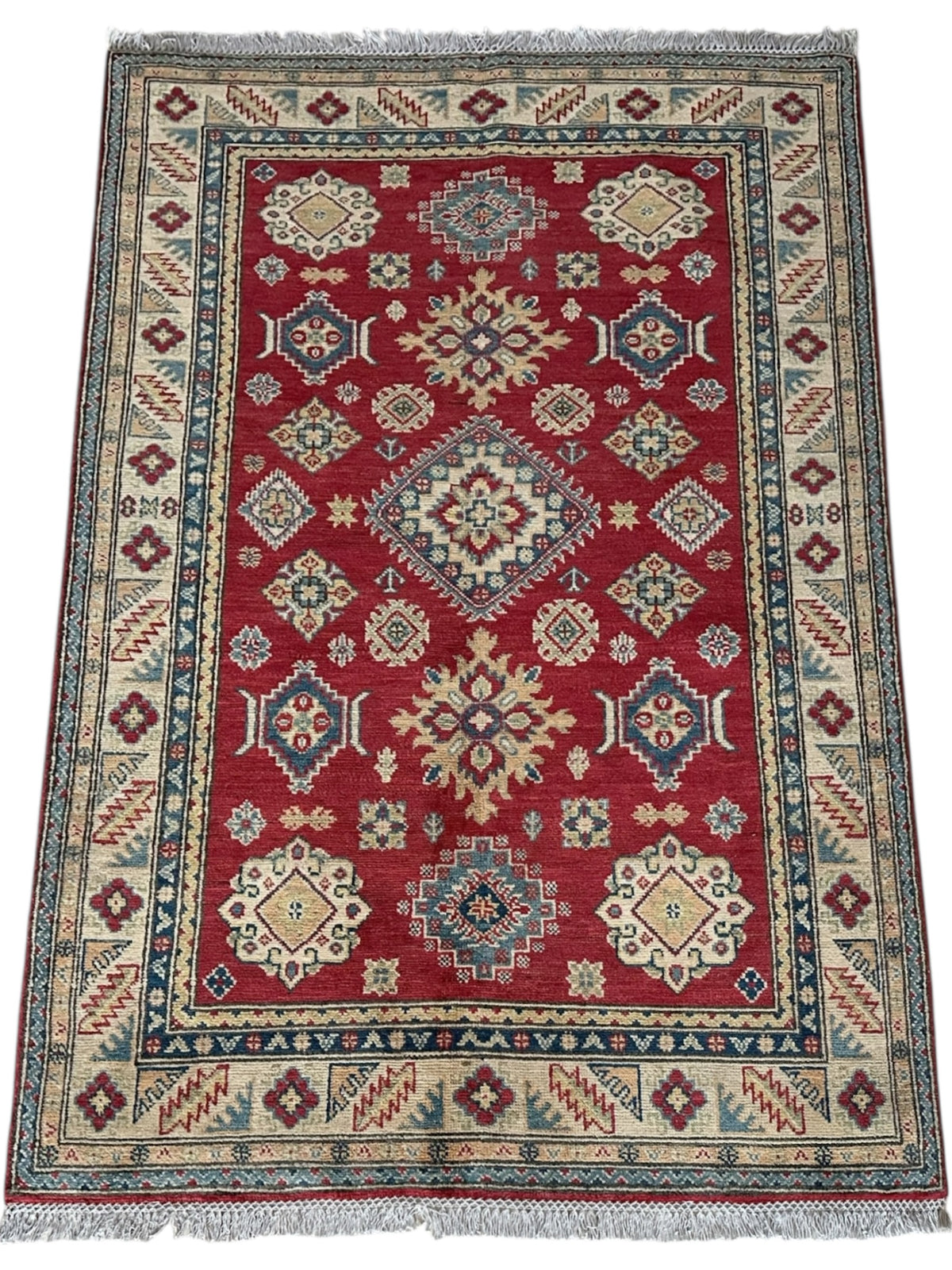 Afghan Kazak Tribal Rug 4x6, Red, Beige & Ivory, Hand-Knotted Wool, view 2