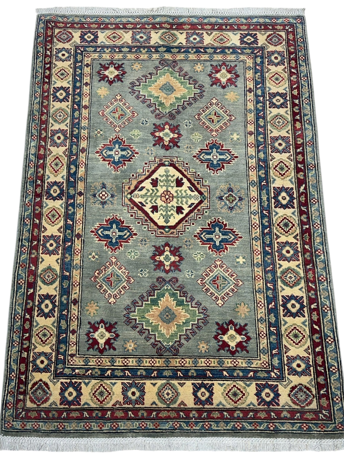 Afghan Kazak Rug 3'10" x 5'11", Hand-Knotted Wool, Beige & Red, view 2