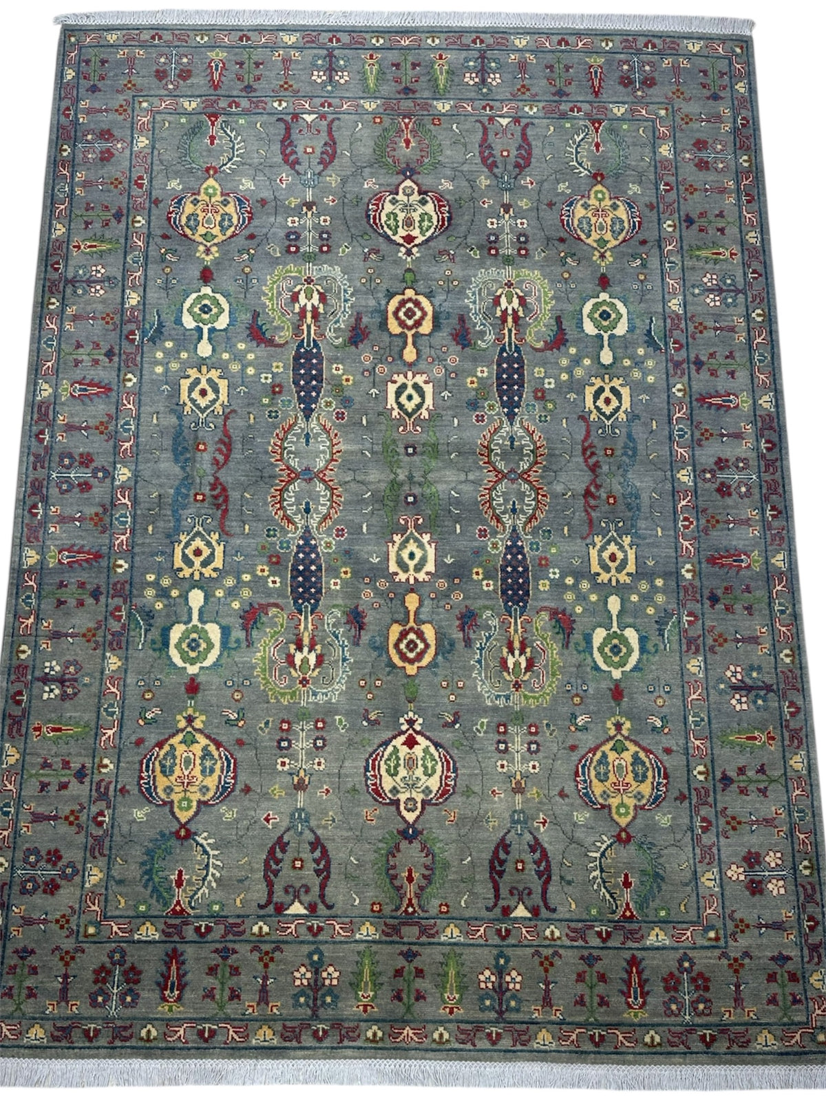Afghan Kazak Rug 6x8, Gray, Ivory & Red, Hand-Knotted Wool, view 2