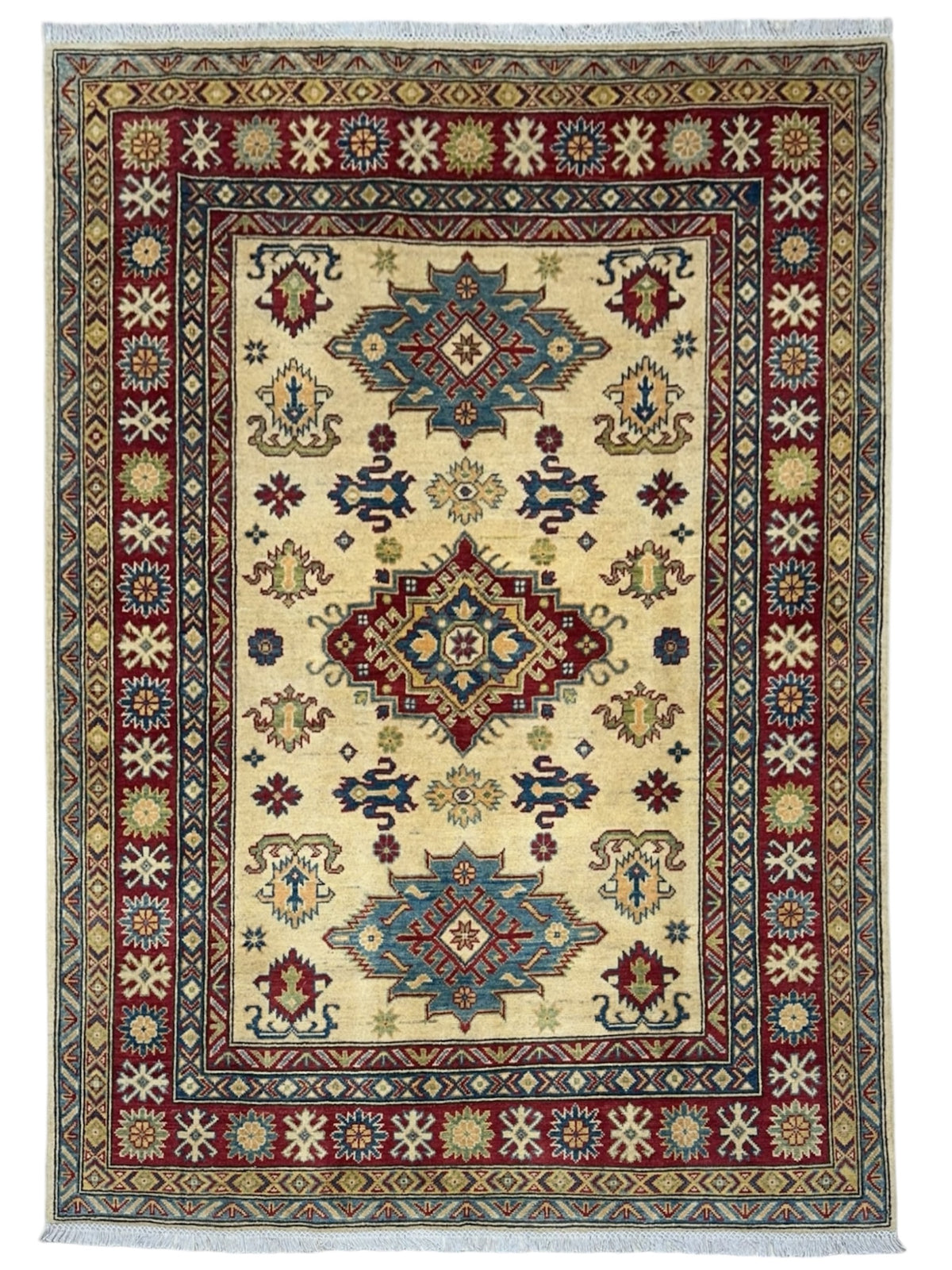 Afghan Kazak Rug 5'2" x 6'8", Hand-Knotted Wool, Cream & Red
