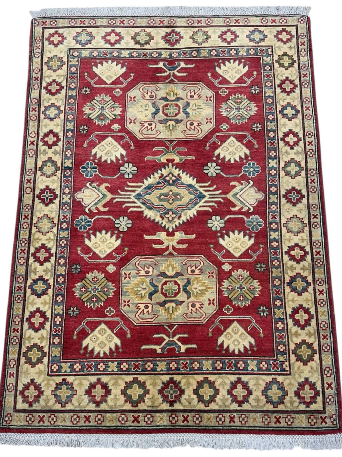 Afghan Kazak Rug 3'11" x 5'9", Hand-Knotted Wool, Cream & Red, view 2