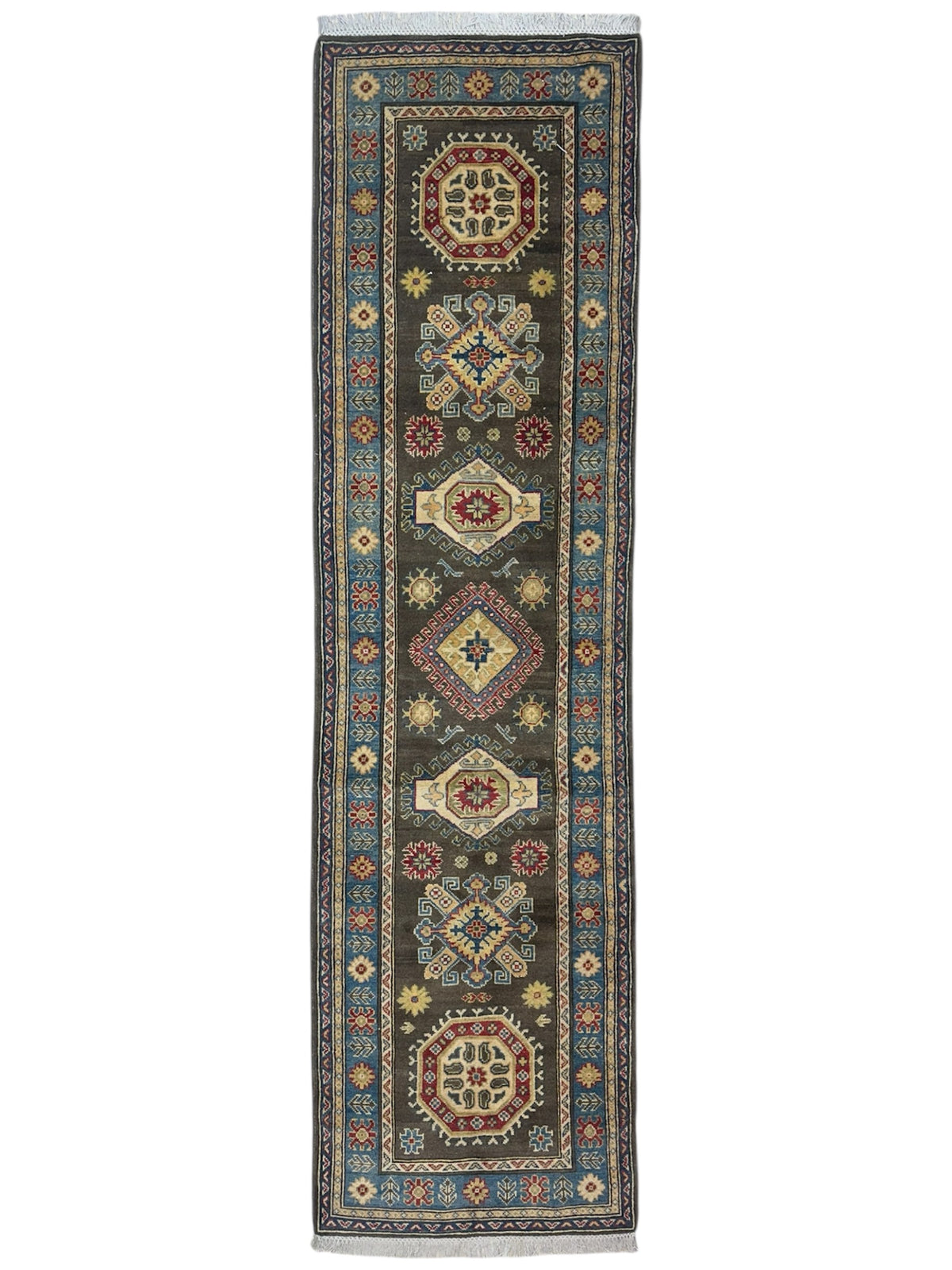 Afghan Kazak Runner 2'7" x 9'5", Hand-Knotted Wool, Blue & Brown