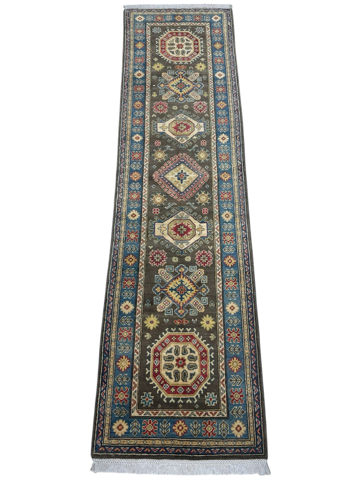 Afghan Kazak Runner 2'6" x 9'6", Hand-Knotted Wool, Blue & Brown, view 2