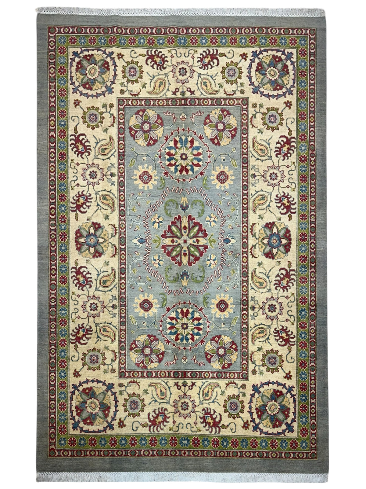 Afghan Kazak Rug 6' x 8'8", Hand-Knotted Wool, Cream, Red & Gray