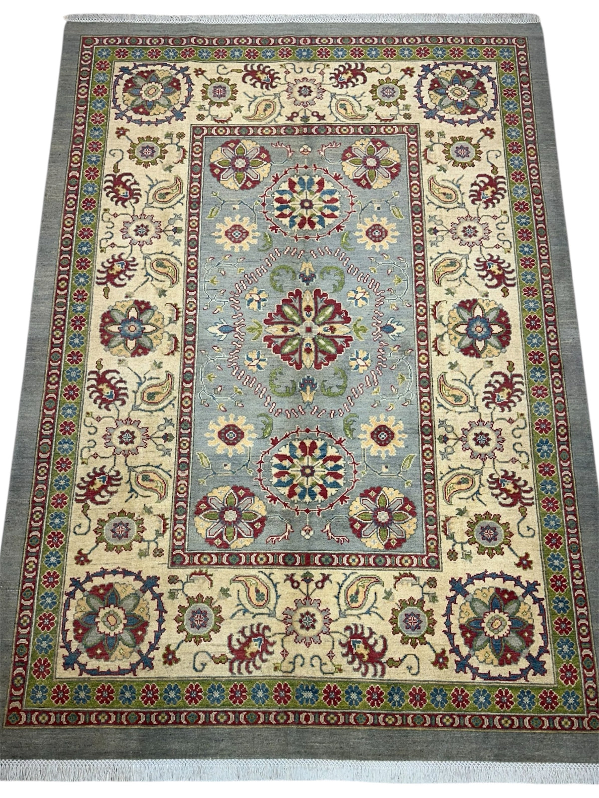 Afghan Kazak Rug 6' x 8'8", Hand-Knotted Wool, Cream, Red & Gray, view 2