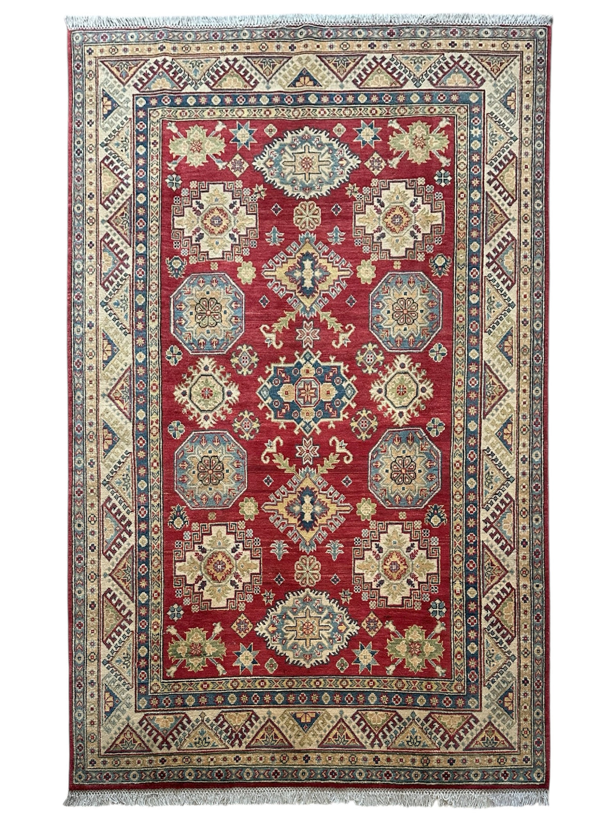 Afghan Kazak Rug 5'5" x 7'11", Hand-Knotted Wool, Cream & Red