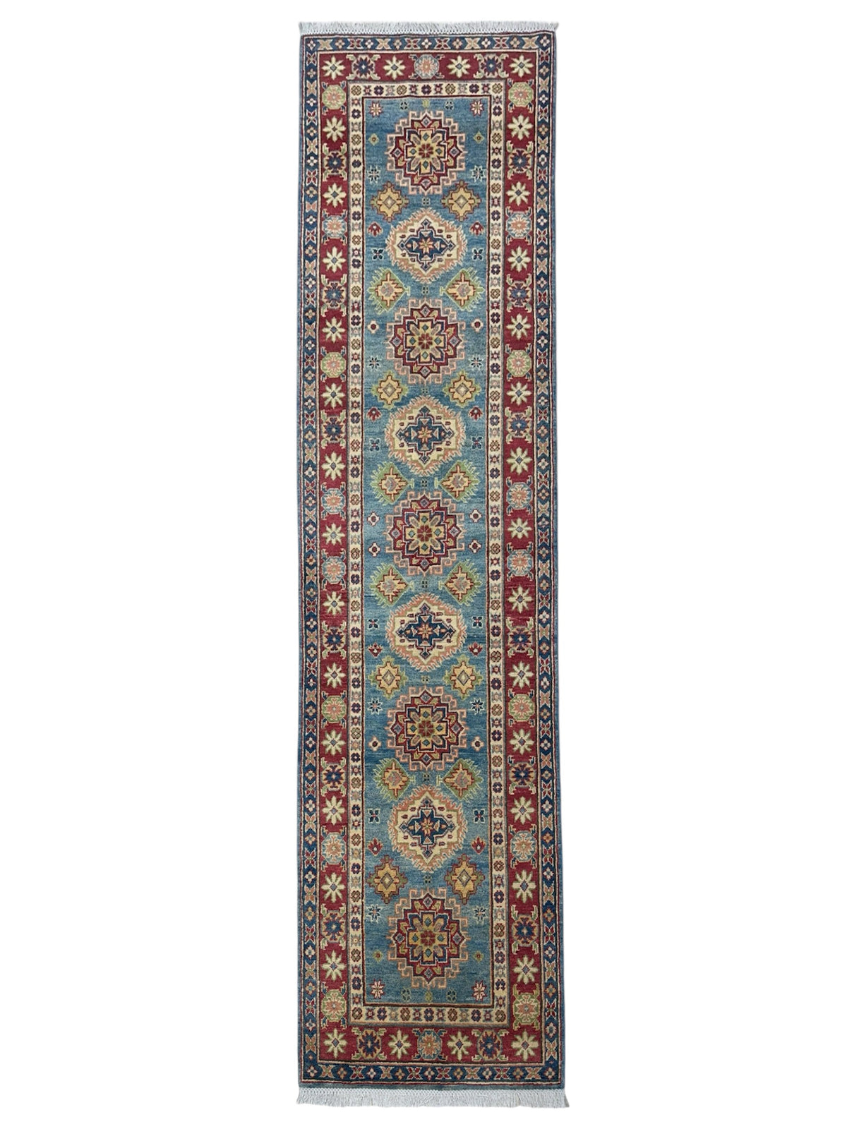 Afghan Kazak Runner 2'8" x 9'10", Hand-Knotted Wool, Blue & Red