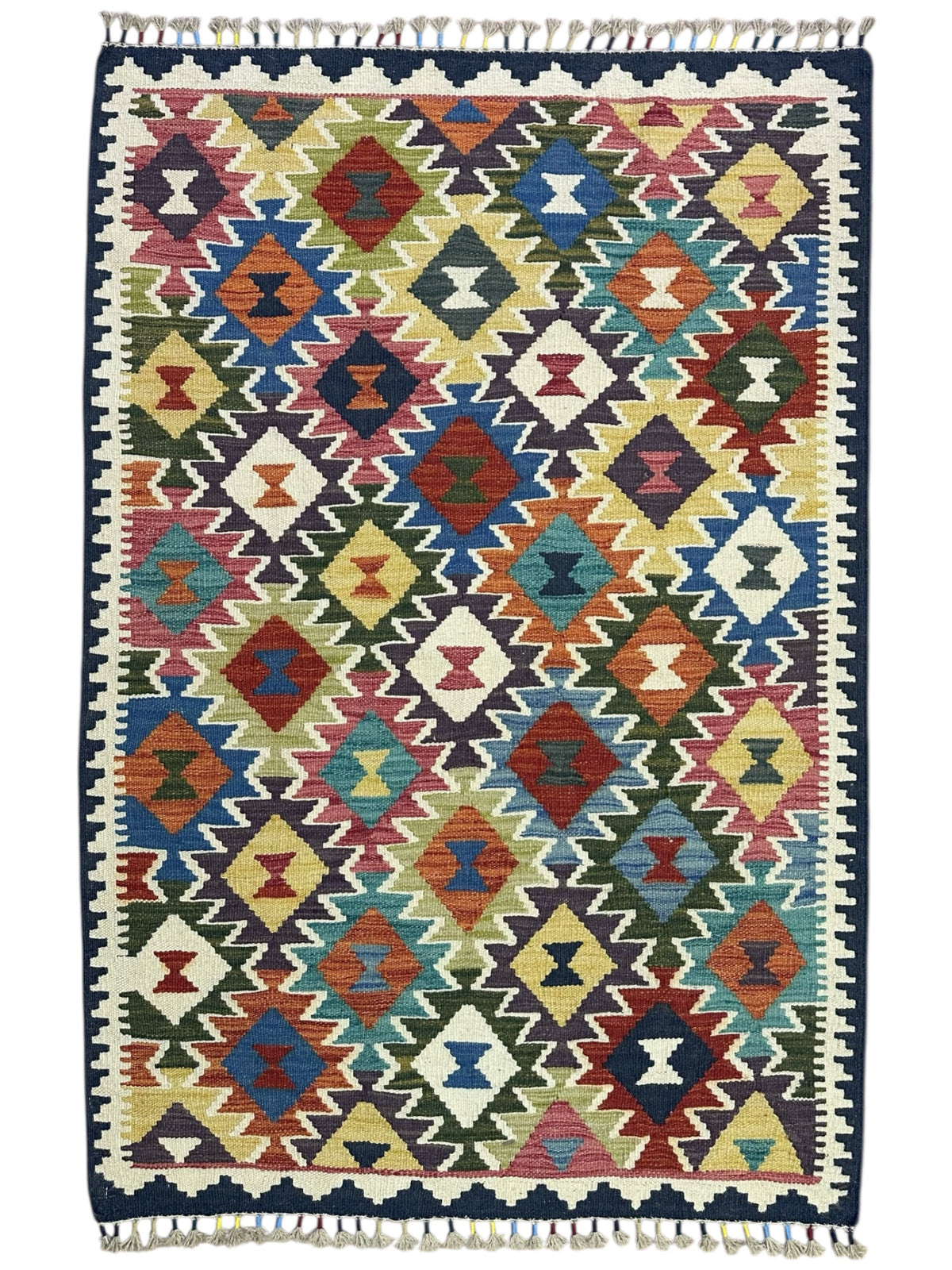 Afghan Kilim Rug 3x5, Ivory, Rust & Blue, Hand-Woven Wool Flatweave