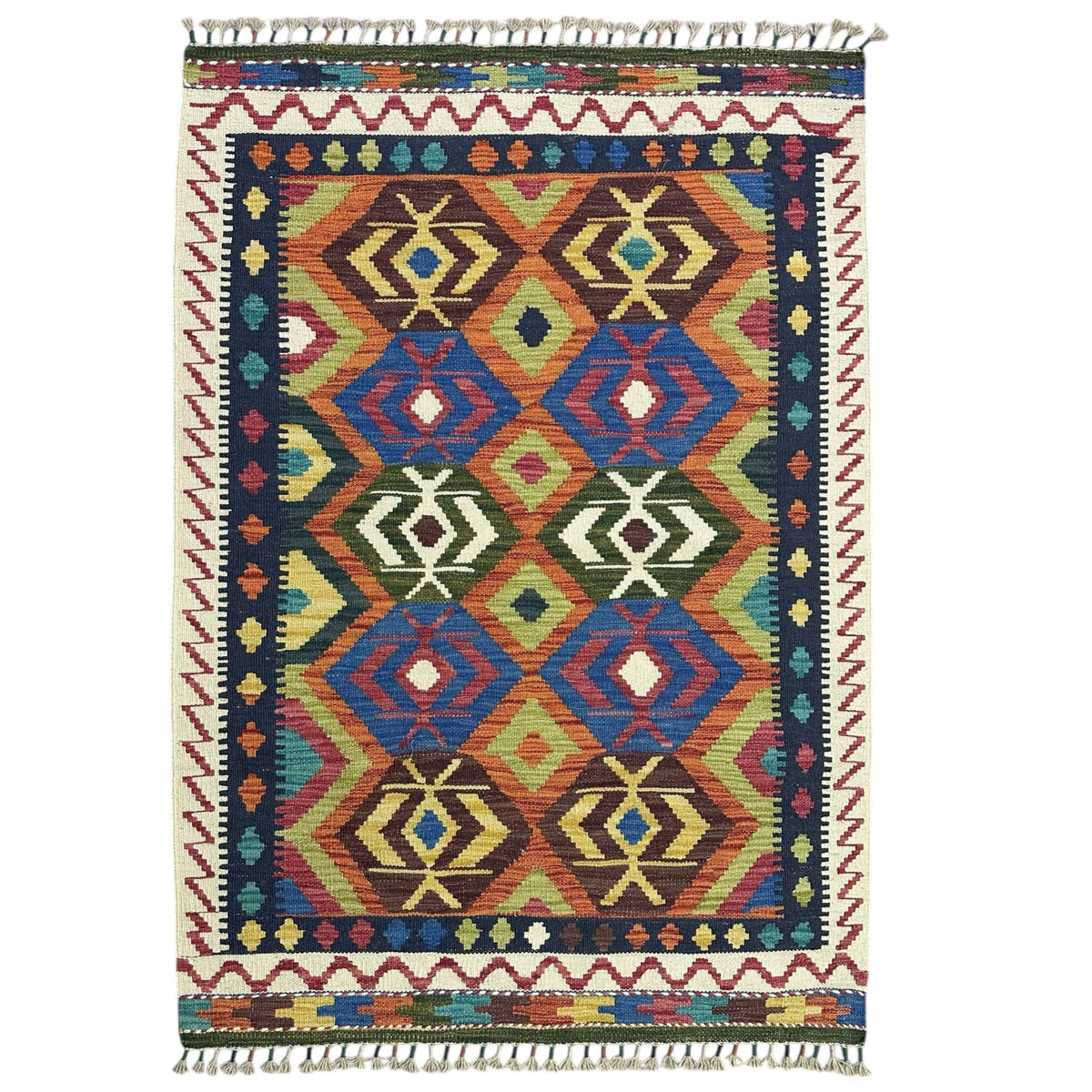 Afghan Kilim Rug 3x5, Rust, Blue & Navy, Hand-Woven Wool Flatweave
