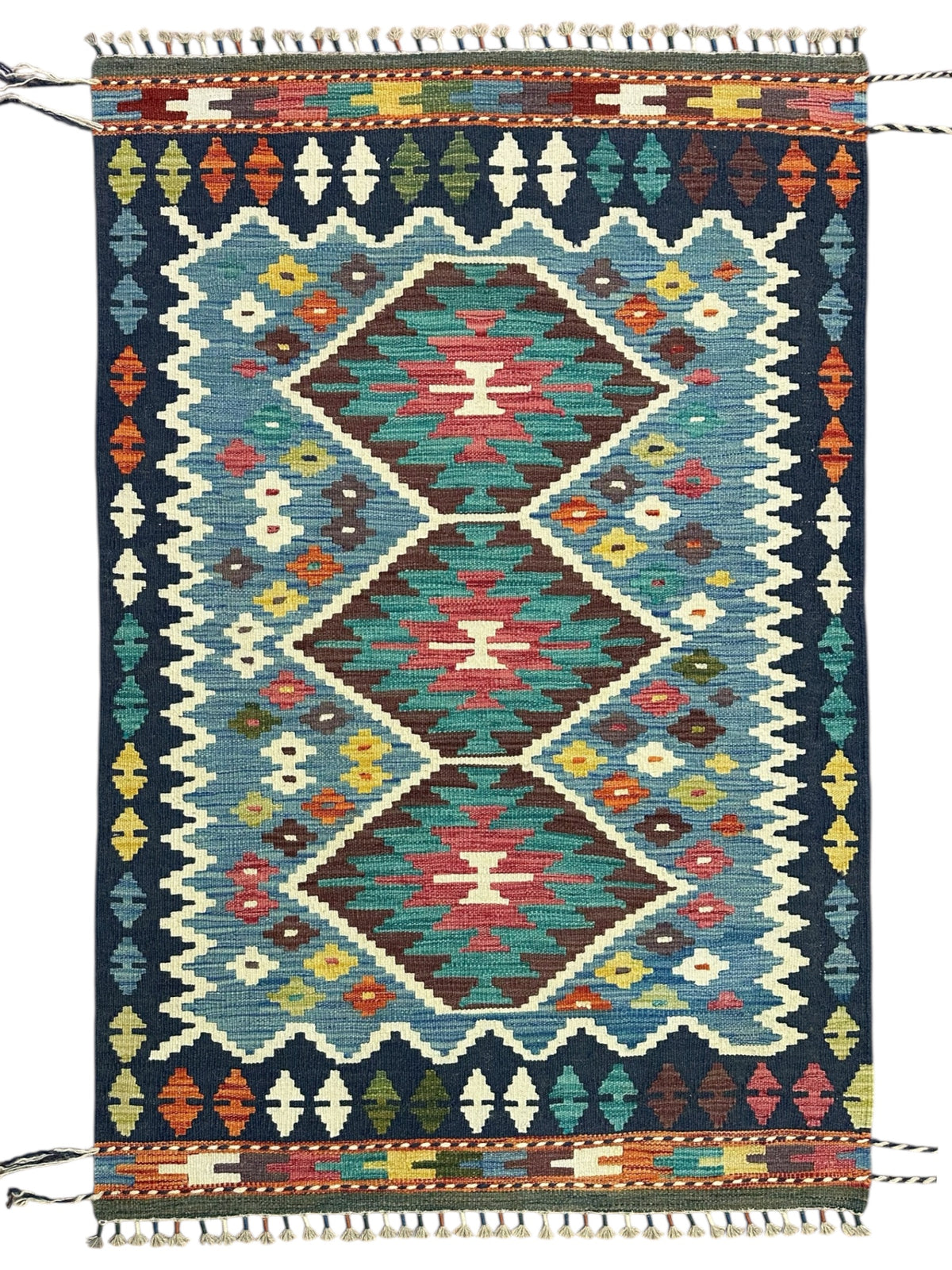 Afghan Kilim Rug 3x5, Navy, Blue & Teal, Hand-Woven Wool Flatweave