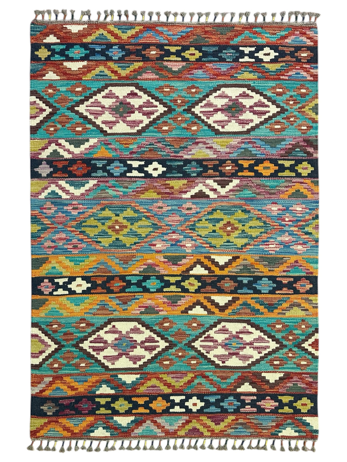 Afghan Kilim Rug 4x5, Teal, Rust & Navy, Hand-Woven Wool Flatweave
