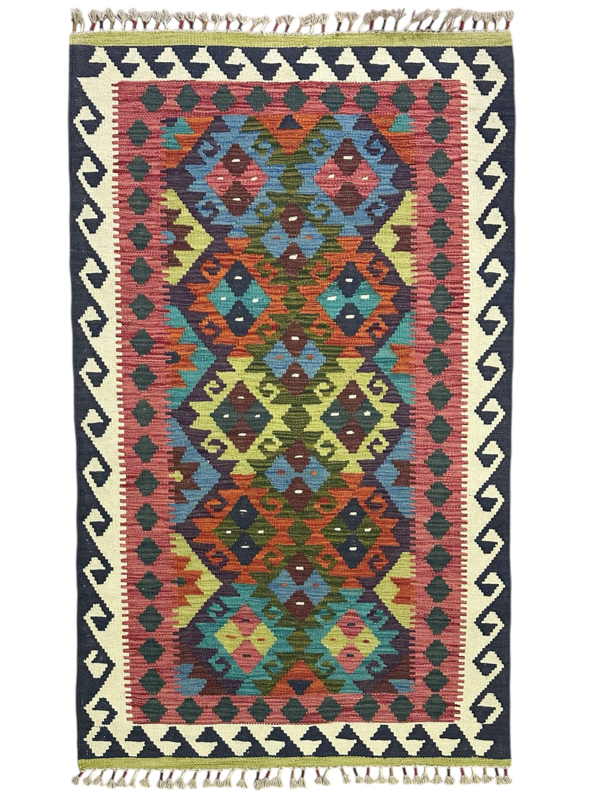 Afghan Kilim Rug 3x5, Rust, Navy & Ivory, Diamond Lattice Wool Flatweave