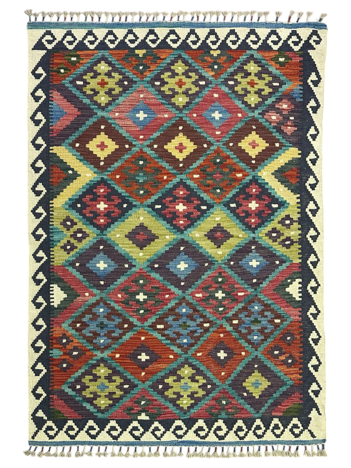Afghan Kilim Rug 4x5, Rust, Navy & Teal, Hand-Woven Wool Flatweave